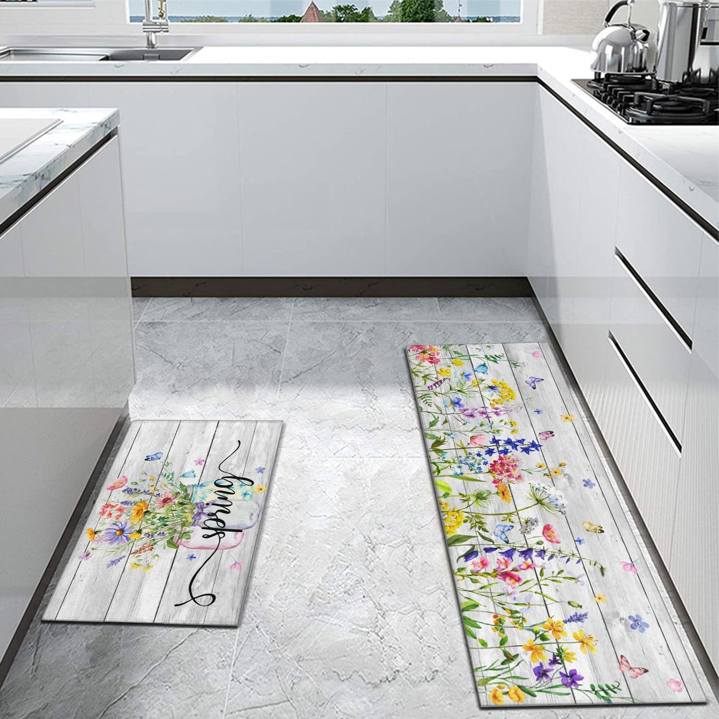 Twyt decor Spring Kitchen Rug Set of 2,Non-Slip Washable Kitchen Mats,Wood Grain Floral Kitchen Mats,Spring and Summer Holiday Decorations for Home Kitchen,17x30+17x47 Inch