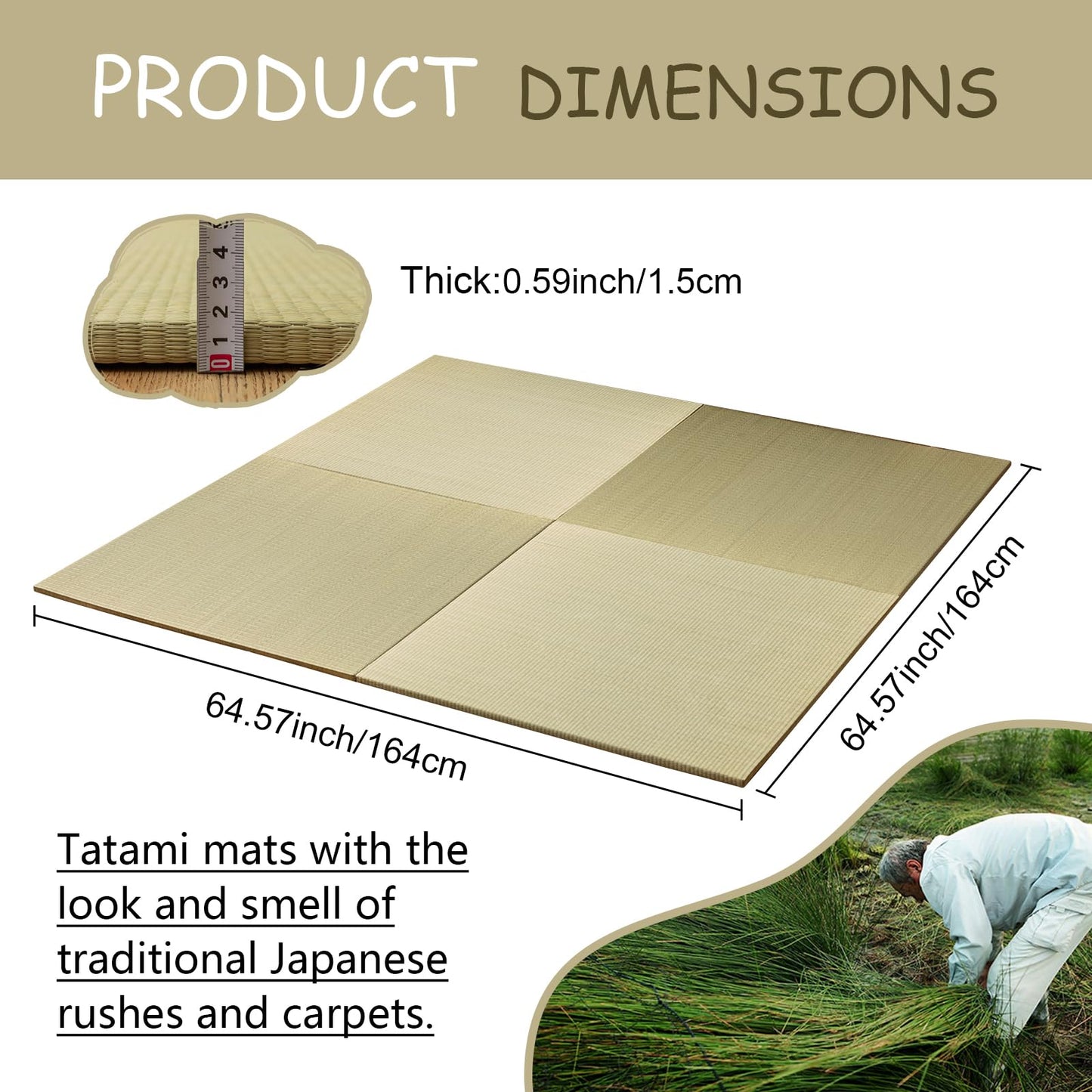 HAGiHARA Japanese Tatami Mat, Patchwork Tatami Floor Mats, 64" x 64" Foldable Square with Non-Slip Design for Bedroom, Crawling and Yoga, Made of Rush Grass, Igusa(Without Edge/4 Picecs)