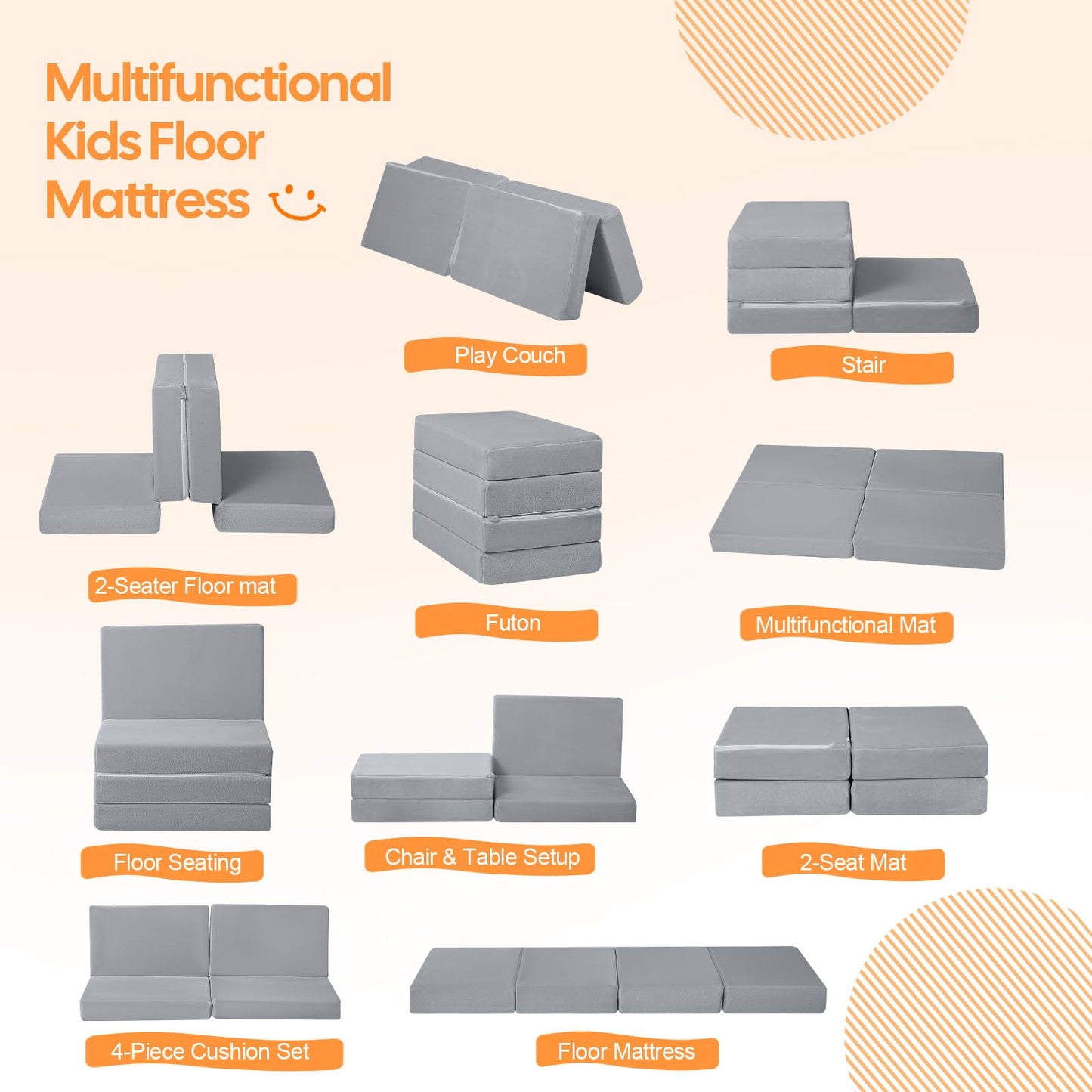 MeMoreCool Kids Folding Mattress, Trifold Mat Foldable Floor Mattress with Washable Cover and Carry Bag, Portable Foam Floor Mat for Kids, Daycare, Sleepover, Camping and Travel, Light Grey