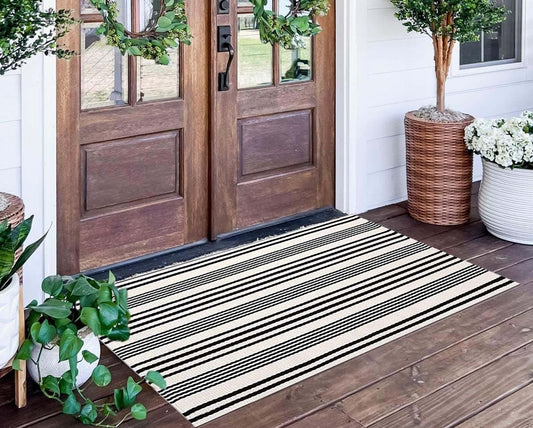 Black and White Striped Outdoor Rug 24'' x 51''Farmhouse Front Porch Rug Hand-Woven Machine Washable Layered Door Mats for Entryway/Bedroom/Patio/Porch Decor