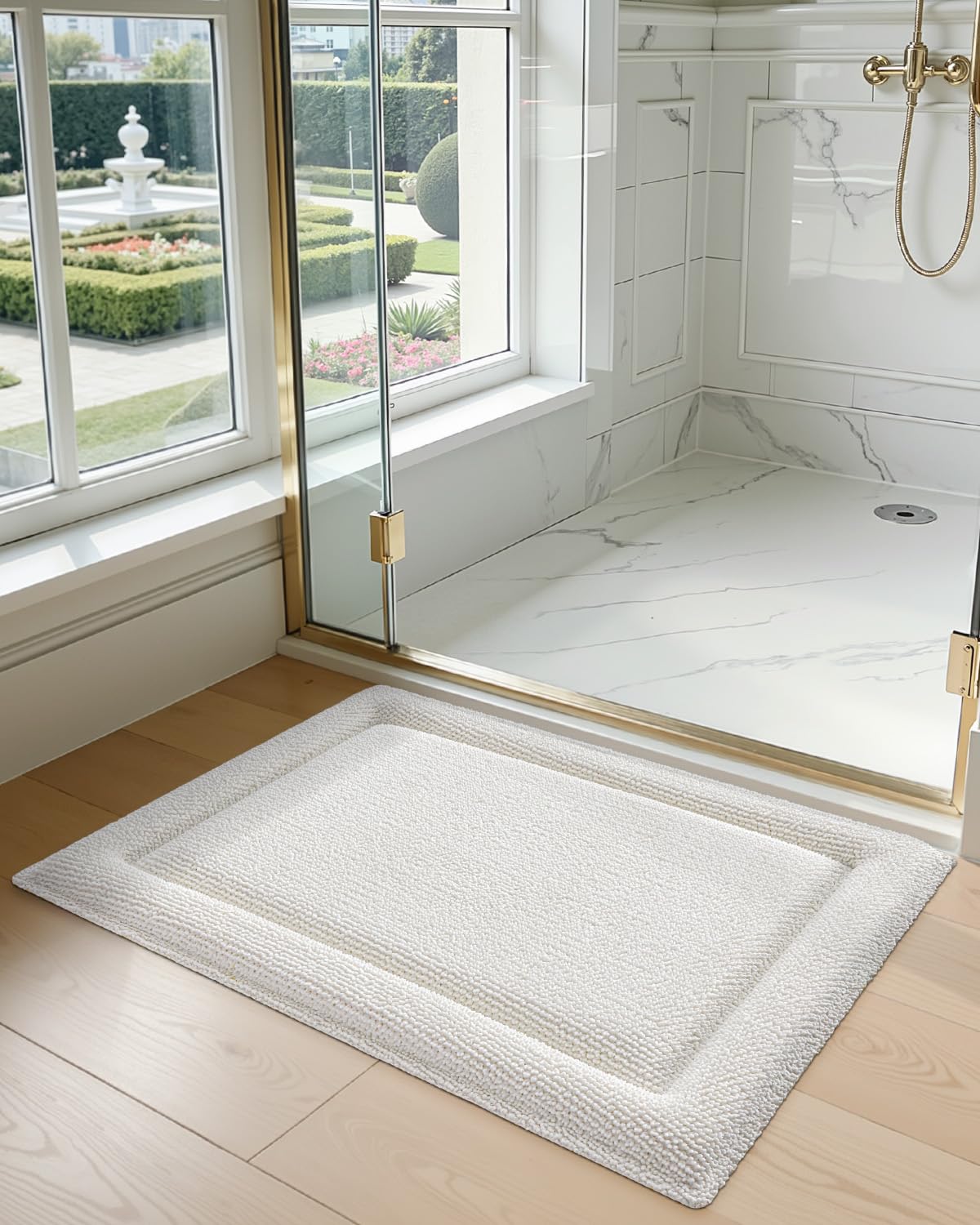 DEXI Memory Foam Bath Mat 24x17, Soft Absorbent Chenille Bathroom Rug, Non Slip Quick Dry Bath Mats for Bathroom, Thick Plush Floor Carpet for Tub Shower, Sink, Ivory