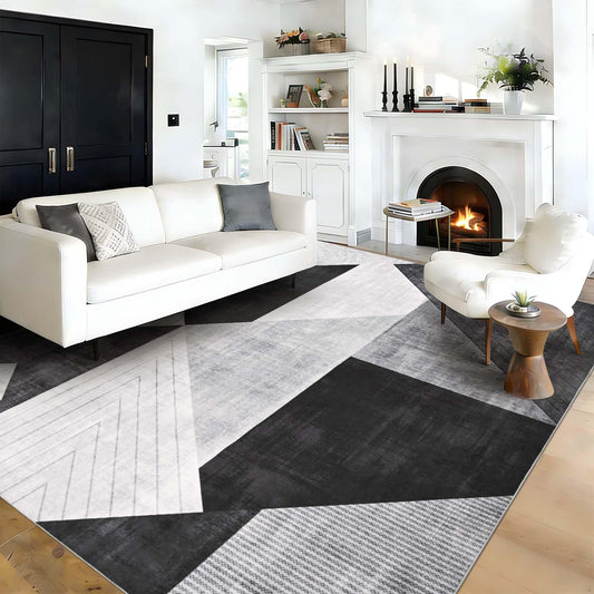 Yinhua Modern Geometric Area Rugs 5x7 Grey Black Rugs for Living Room Washable Rug Non Slip Low Pile, Large Soft Bedroom Rug Non Shedding, Modern Simplicity Carpet for Home Office, Dining Room
