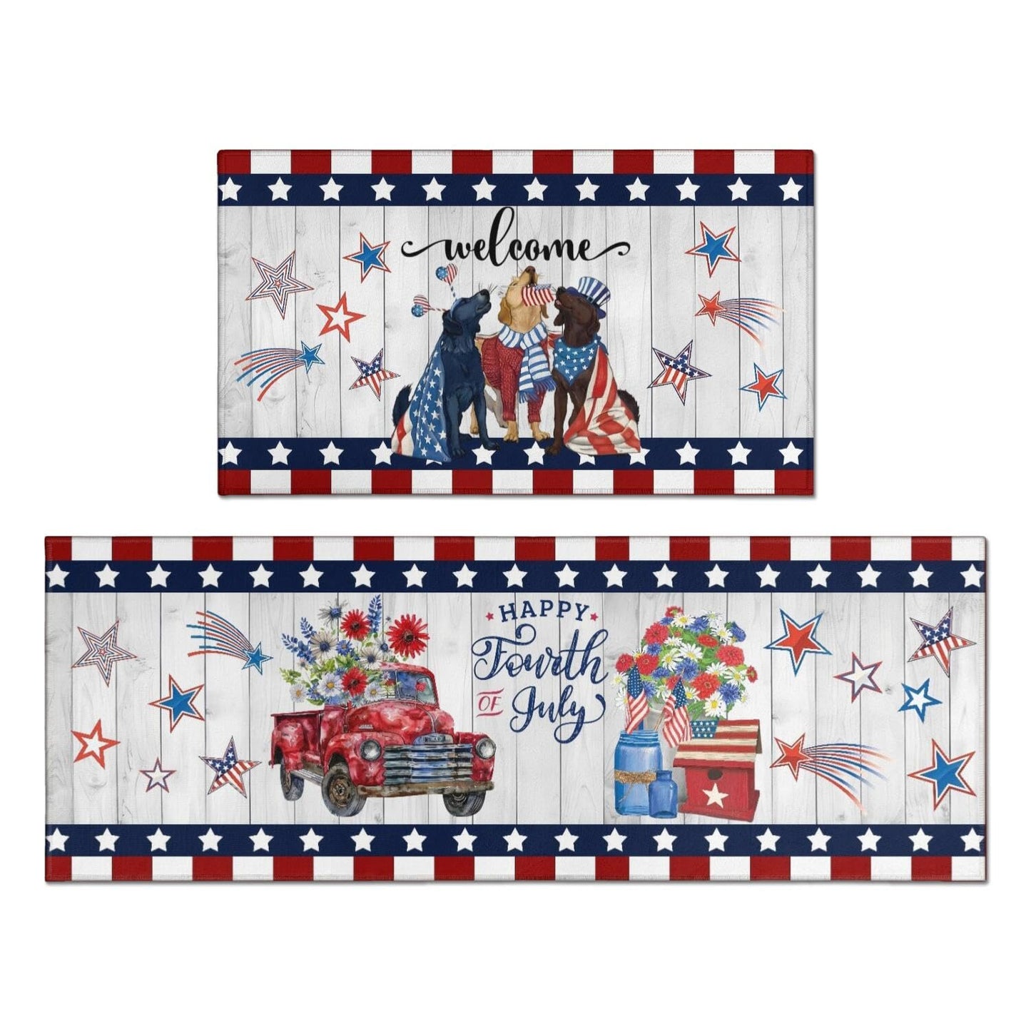 American Patriotic Farmhouse Kitchen Rugs Sets of 2,4th of July Memorial Day Independence Day Mats for Floor,Liberty Freedom Non Slip Holiday Decor Mat for Sink, Laundry, Office 17"x 47"+17"x 30"