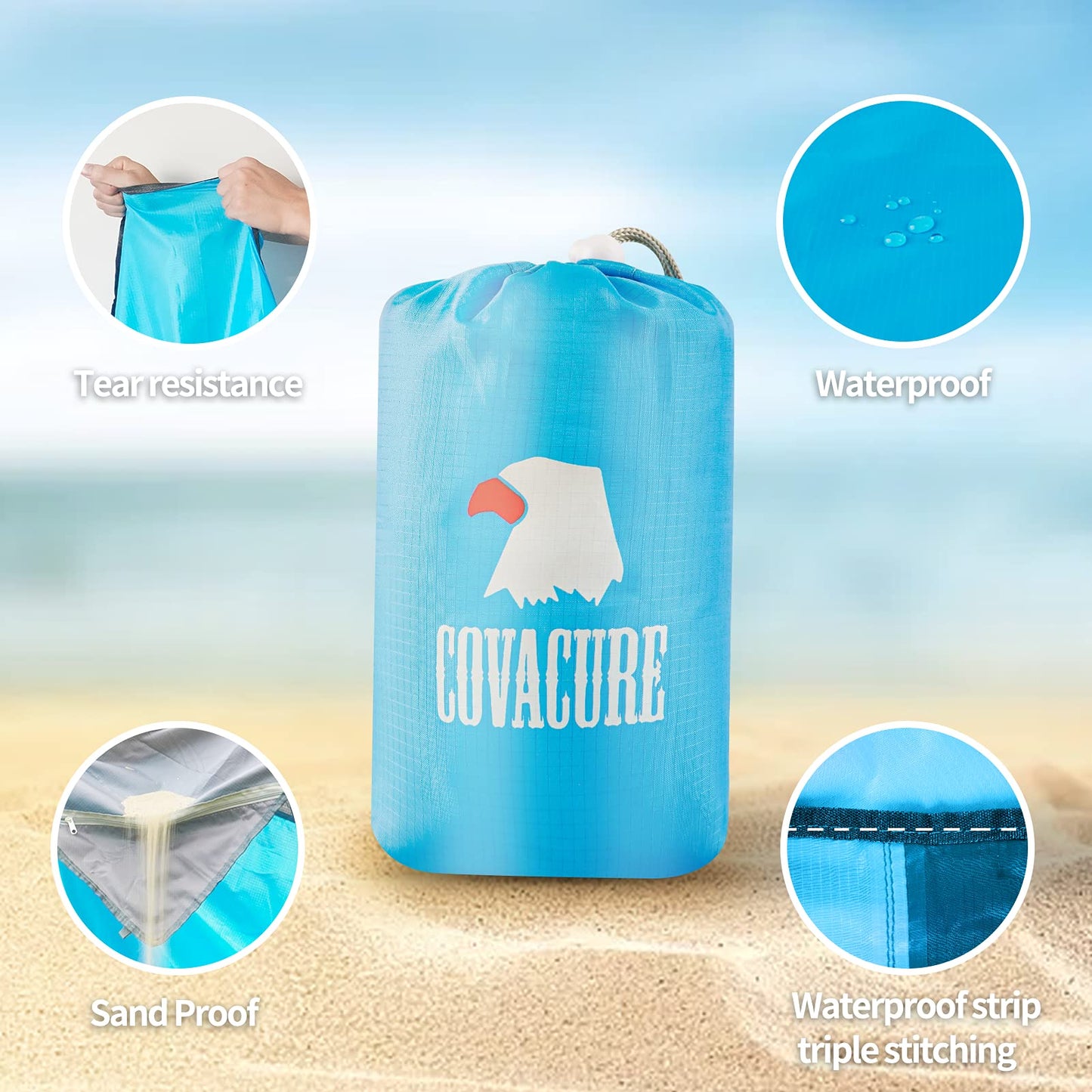 covacure Extra Large Beach Blanket Sandproof Waterproof - 108"x85" for 7-8 Adults, Oversized Portable Beach Mat with Zipper Pockets, Lightweight Durable Outdoor Accessories for Beach, Camping, Travel