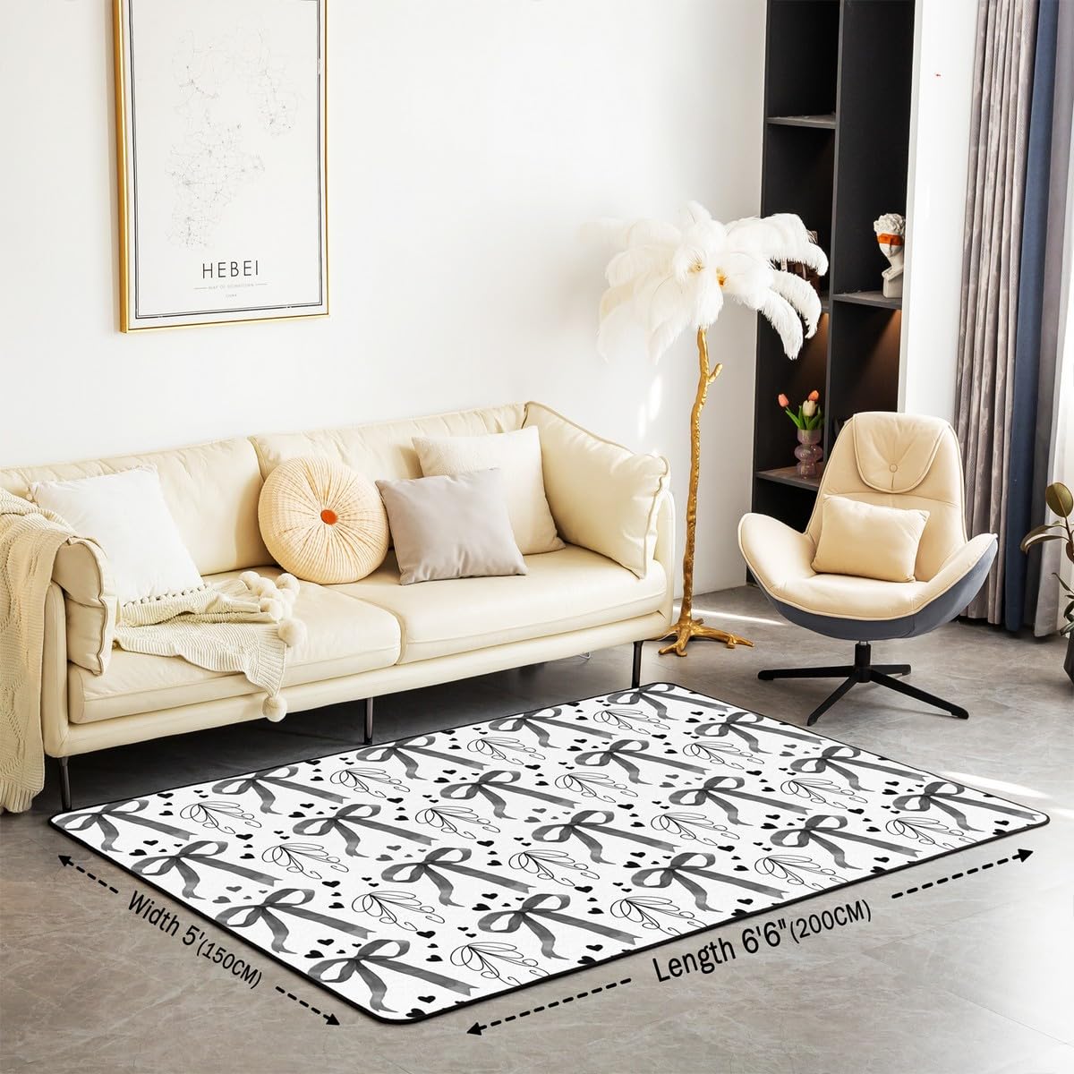 Manfei Cute Bow Kids Area Rug Black Bow Heart Print Floor Mats Rugs for Girl Women Room Decor, Cartoon Bowknot Decorative Rug for Living Room, Absorbent Carpets, 3'x5'
