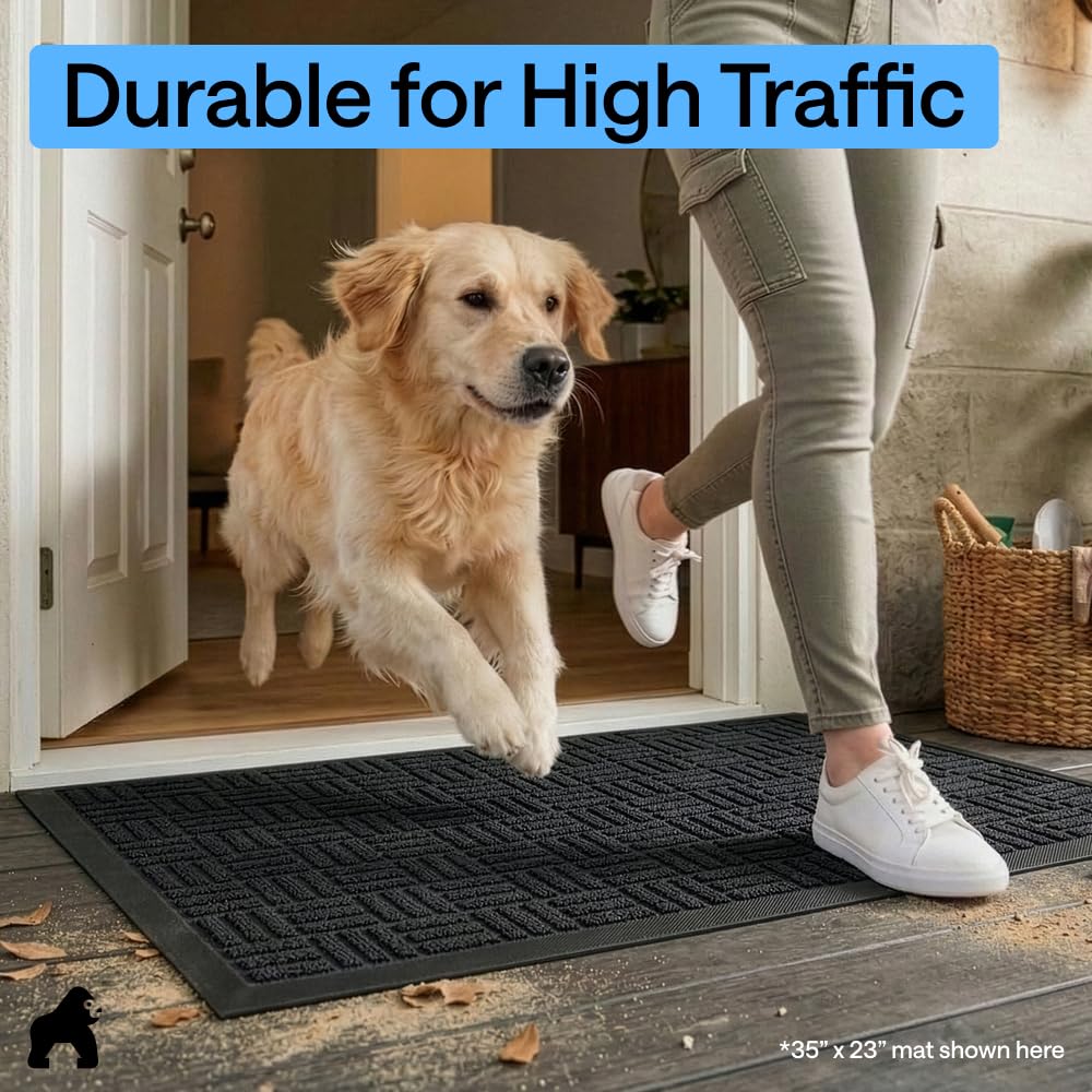 GORILLA GRIP 100% Waterproof All-Season WeatherMAX Doormat US Designed Natural Rubber, Stain and Fade Resistant, Low Profile Indoor Outdoor Door Mats, Easy Clean Patio Mat, 29x17, Black Maze