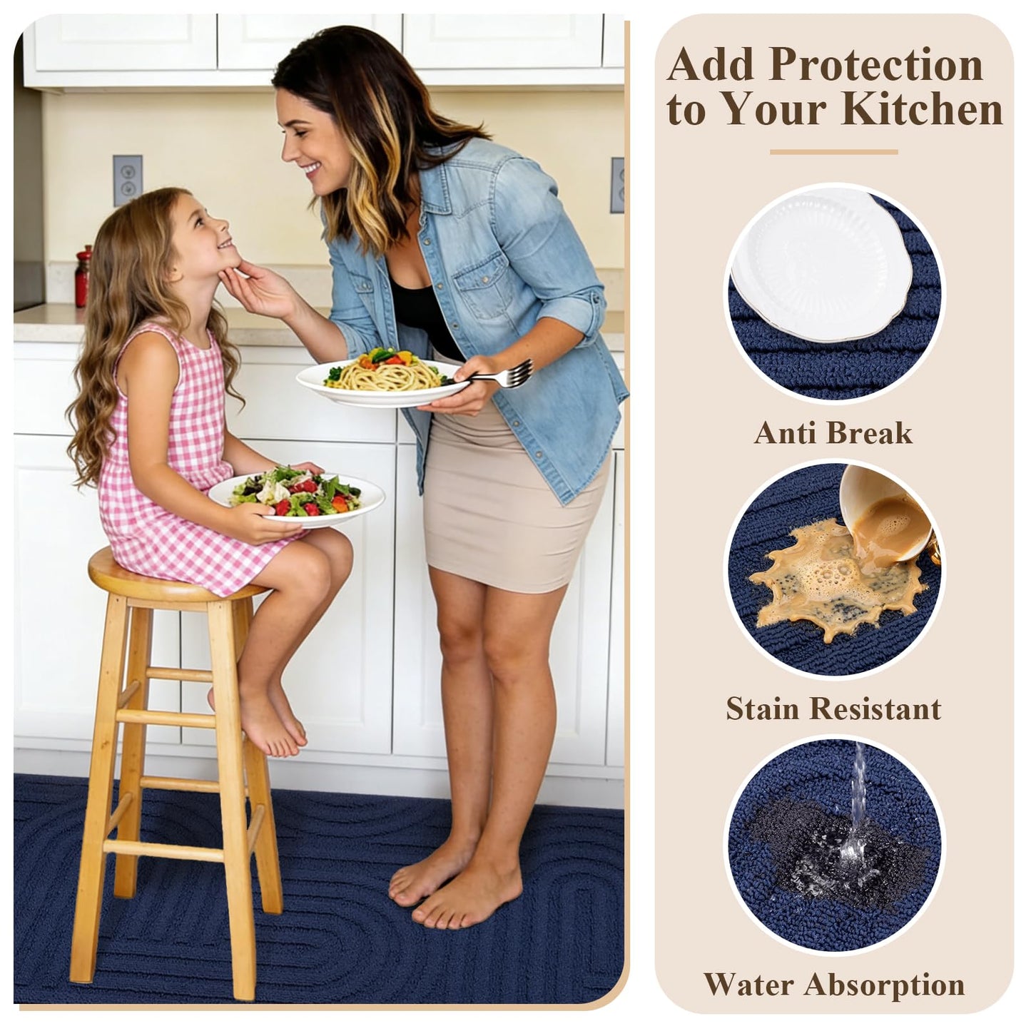 U'Artlines Kitchen Rugs and Mats Set of 3, Non Skid Washable Blue Geometric Kitchen Mats for Floor, Absorbent and Stain Resistant Floor Mat for Laundry, Sink Decor 20x32+20x48+20x59
