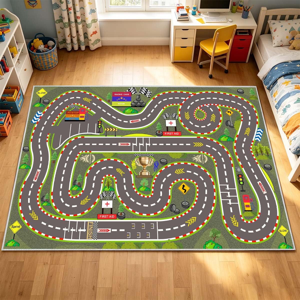 Pyrrhite Kids Rug, Race Track Playmat Rugs 47×31 in Kids Carpet with Rubber Backing, Start and Finish line Racing Track Marking Car Road Race 3D Play Mat Nursery Rugs for Children Bedroom Playroom
