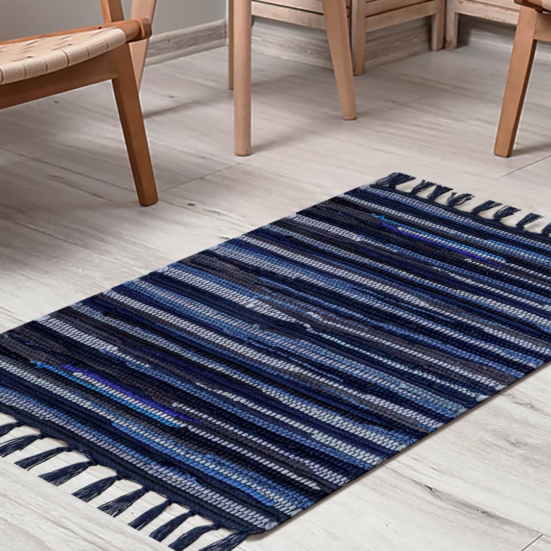 CottonCove Cotton Chindi Rug - Boho Rustic Area Accent Throw Rug - Area Floor Carpet for Bedroom Living Room Kitchen Dorm Entryway Hallway - 20x32 inch Hand Woven Reversible Area Rug Blue Multi