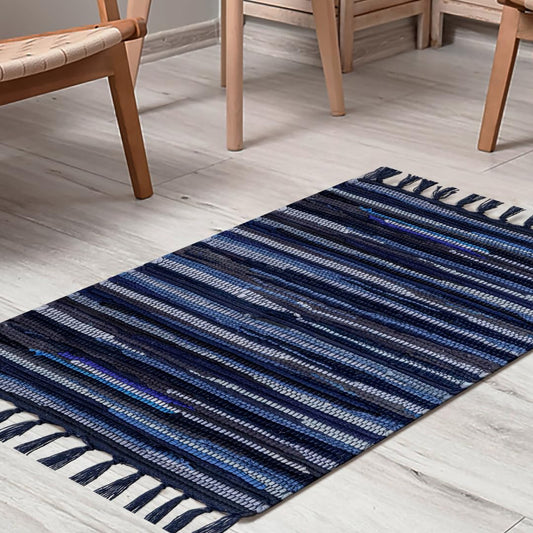 CottonCove Cotton Chindi Rug - Boho Rustic Area Accent Throw Rug - Area Floor Carpet for Bedroom Living Room Kitchen Dorm Entryway Hallway - 20x32 inch Hand Woven Reversible Area Rug Blue Multi