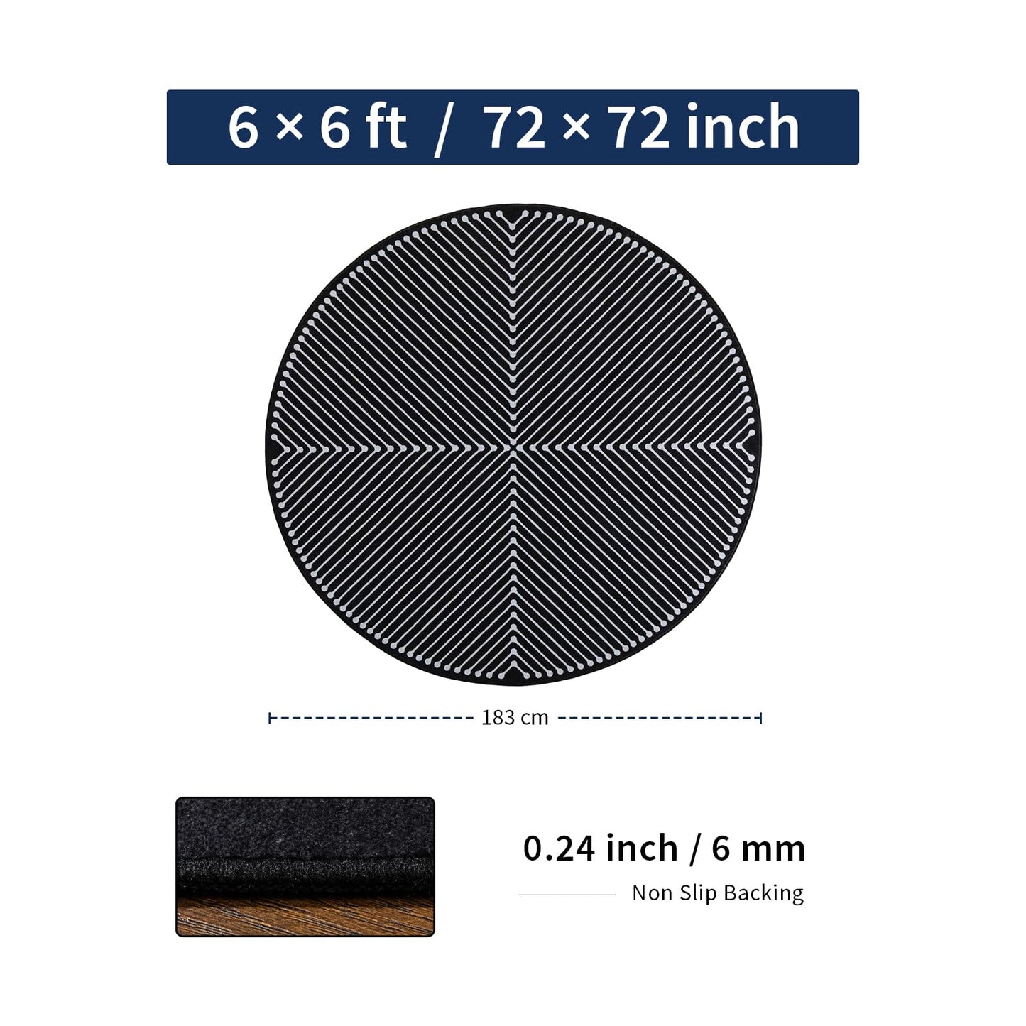 YIHOUSE Modern Washable 6ft Round Rug for Living Room, Black 6x6 Circle Rugs for Bedroom Non Slip Non Skid, Soft Striped Carpet for Dining Room Playroom Home Office Decor