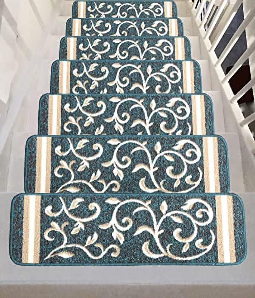 Gloria Non Slip Rubber Back Pet Friendly Floral Design Carpet Stair Treads Stairway mats (13, Greenish Teal)