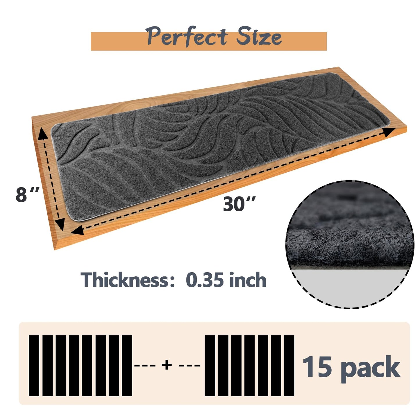 Demiwise 15 Pack Non Slip Stair Treads,8" X 30" Non Slip Carpet Stair Treads with Reusable Adhesive Rubber Backing,Staircase Step Treads Carpet Treads for Wooden Steps Indoor (Dark Gray)