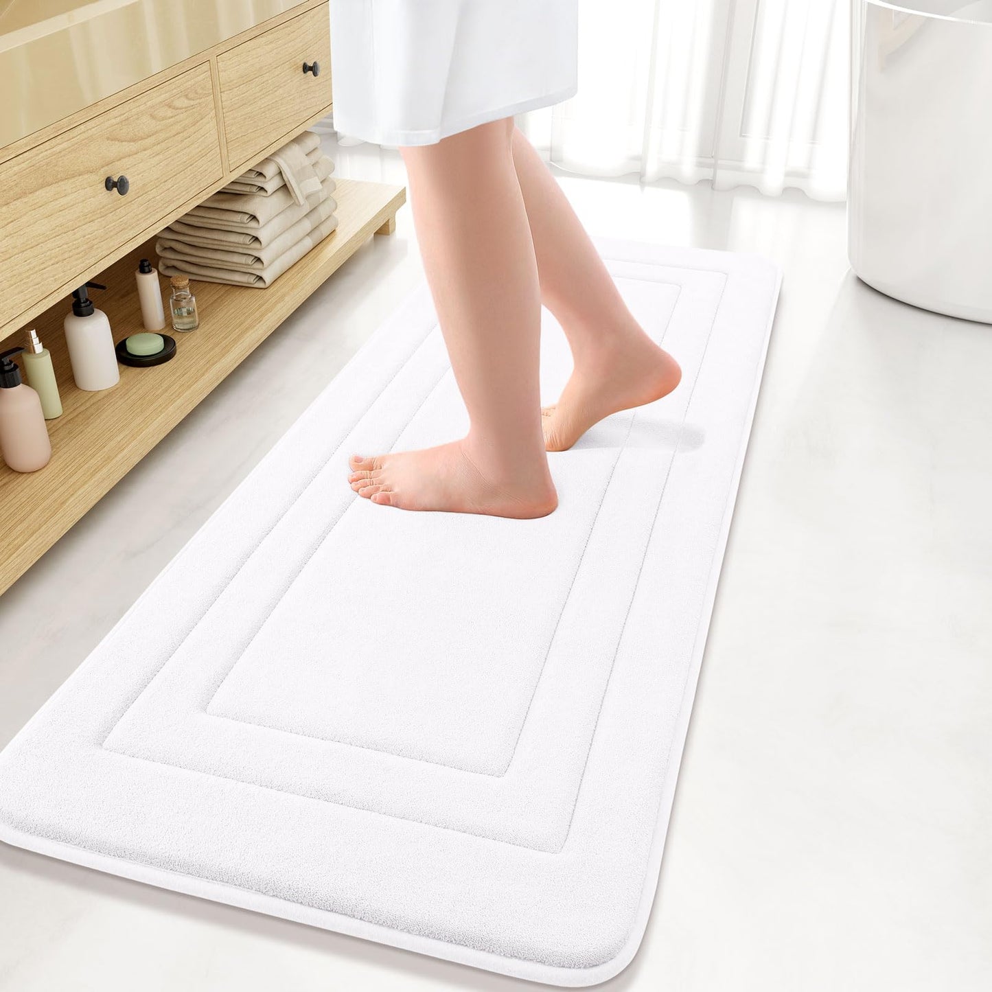 Arotive Memory Foam Bathroom Rug Mat 47x17, Ultra Soft and Absorbent Bath Mat, Machine Wash Dry, Comfortable Bath Rug Carpet for Bathroom Floor, Tub and Shower, White