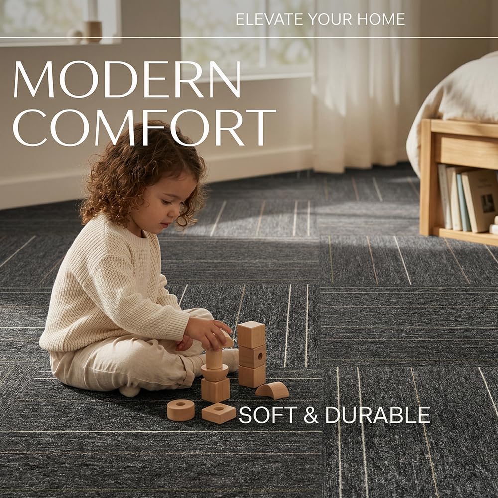 32 Pieces of Carpet 20x20 inch Square Carpet Tiles, Reusable, Non Slip, Seamless Tiles, Suitable for Indoor and Outdoor use in bedrooms, Living Rooms, Offices, etc., Easy to DIY（Dark Gray stripe-06）