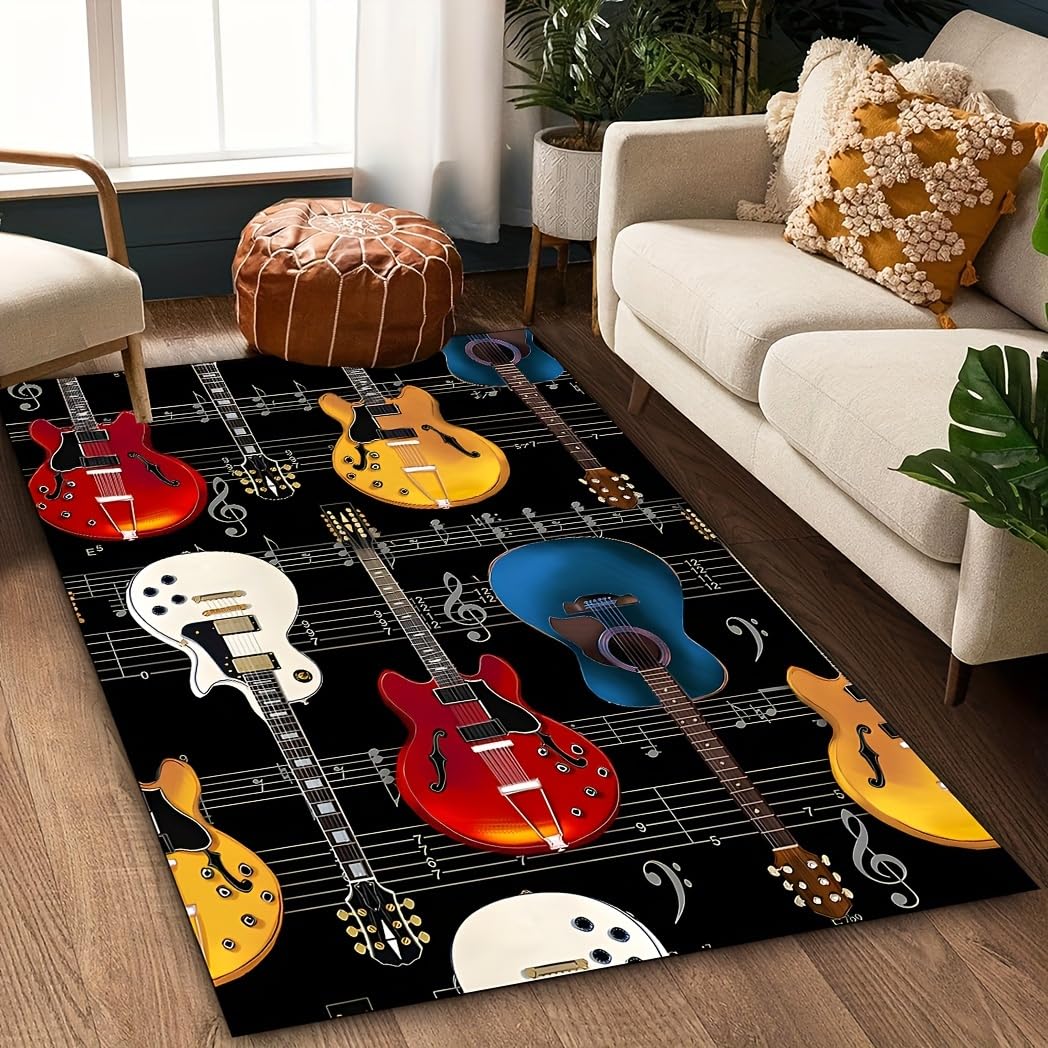 Guitar Print Living Room Rug, 3x4ft, Rock Music Guitar Bass Indoor Rugs, Cozy Thin Fade Resistant Home Decor Rug, Foldable Soft Durable Non Skid Washable Carpets for Kids Teen Bedroom