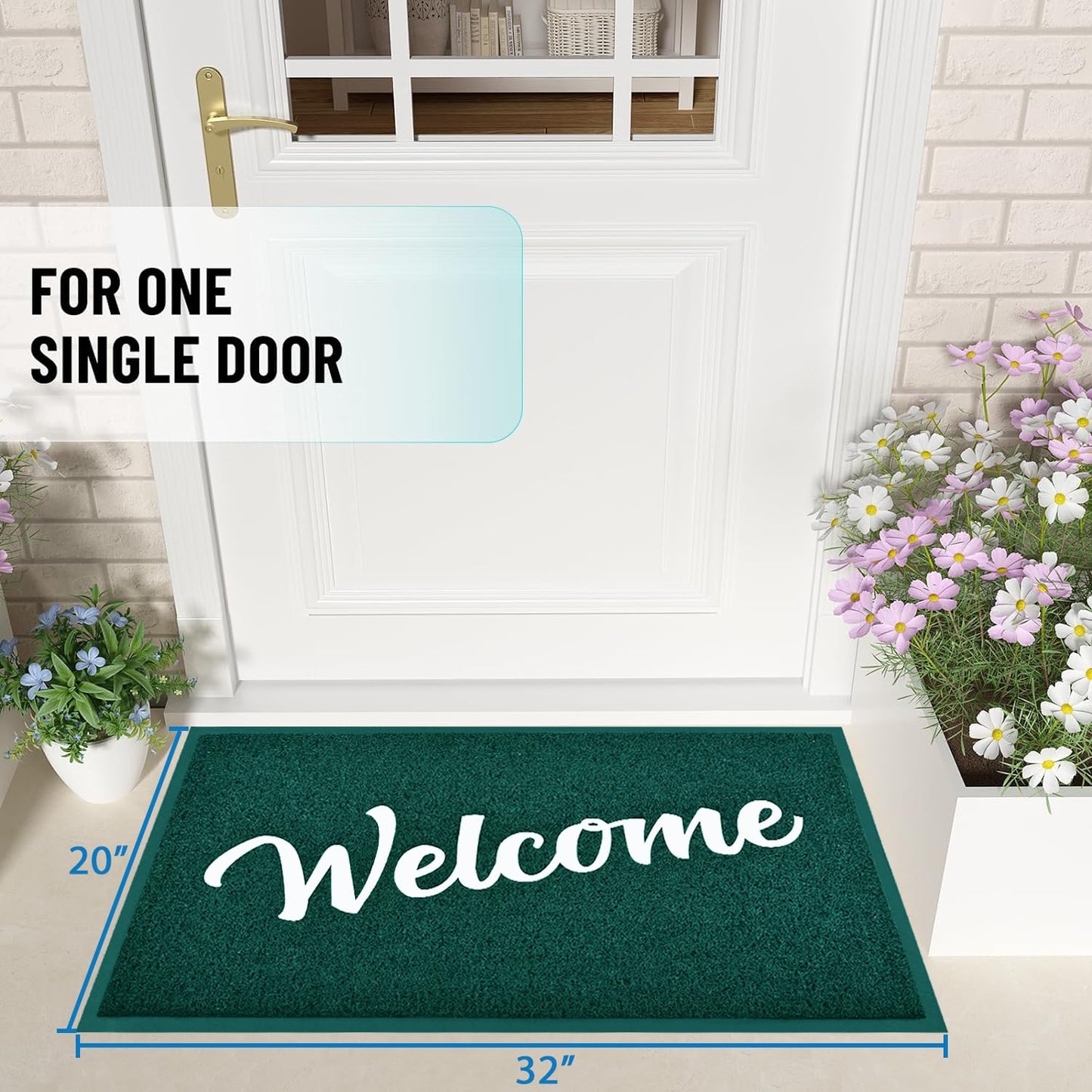 T.HENV Welcome Mat Outdoor Indoor, 32x20 100% Waterproof Front Door Mat Outside Entrance, All-Weather Quick Dry Doormat, Low Profile Patio Proch Entryway Mat, Non Slip, Easy Clean, Green-White