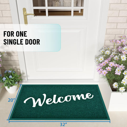 T.HENV Welcome Mat Outdoor Indoor, 32x20 100% Waterproof Front Door Mat Outside Entrance, All-Weather Quick Dry Doormat, Low Profile Patio Proch Entryway Mat, Non Slip, Easy Clean, Green-White