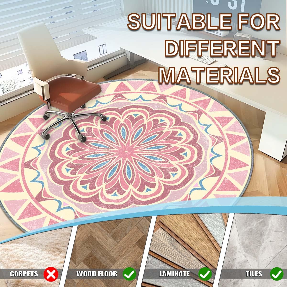 Office Short Pile Chair Mat, Non-Slip Noise-Reducing Desk and Chair Rug, 47 Inch Round Mat, Office、Study Decorative Rug for Wood Floors, Laminate and Ceramic Tiles (Mandalas)