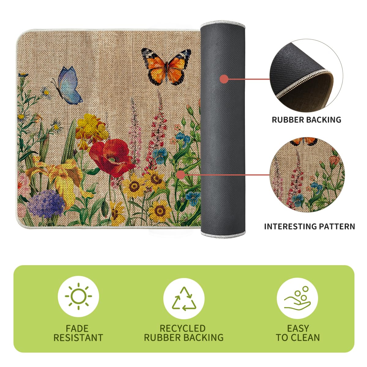 Artoid Mode Wood Flowers Butterfly Spring Kitchen Mats Set of 2, Seasonal Home Decor Leaves Low-Profile Kitchen Rugs for Floor - 17x29 and 17x47 Inch