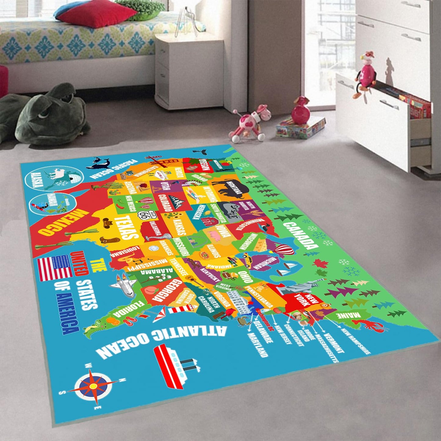 Kids Play Rug, USA United States Map Rugs Educational Play Mat Carpet Children Play Area Rug for Kids, Toddlers, Nursery, Classroom, Playroom, Baby Daycare