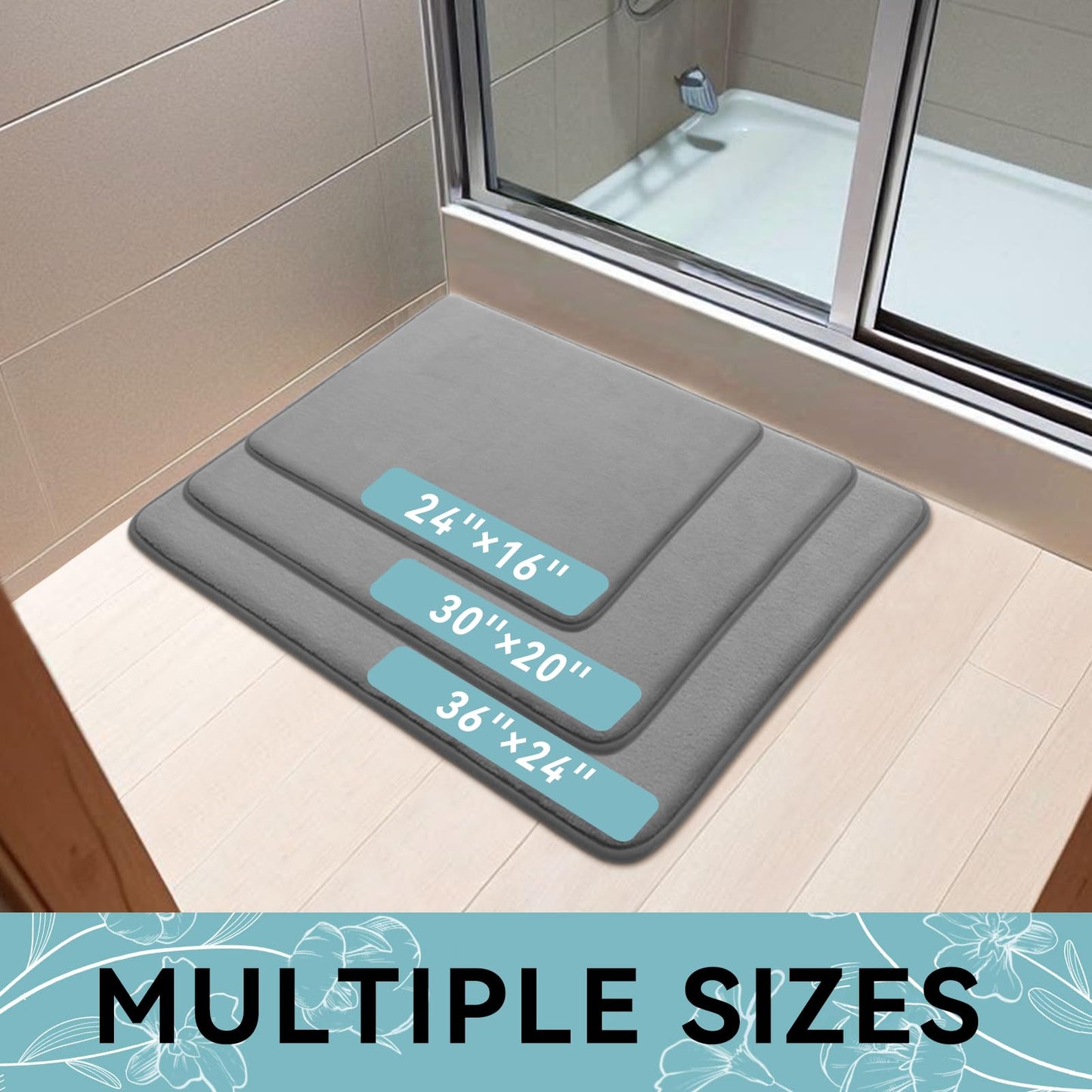 Smiry Memory Foam Bath Mat 24x16, Extra Soft and Absorbent Bathroom Mats, Non Slip Washable Carpet for Floor, Shower and Tub, Grey