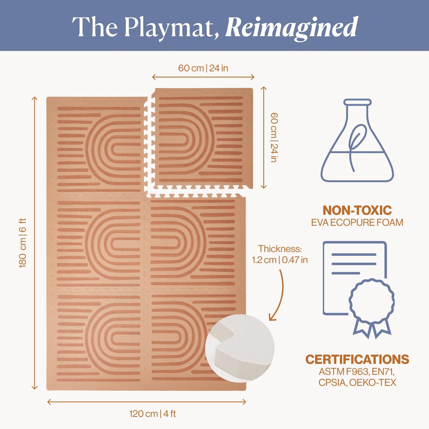 Toddlekind Playmat - Premium Foam Playmat, 4 x 6 feet, 6 Tile Extra Thick Foam Floor Puzzle Mat for Babies/Toddlers Stylish, Non-Toxic, Odorless. Perfect for Tummy Time & Play. 0m+ (Rustic Tan)