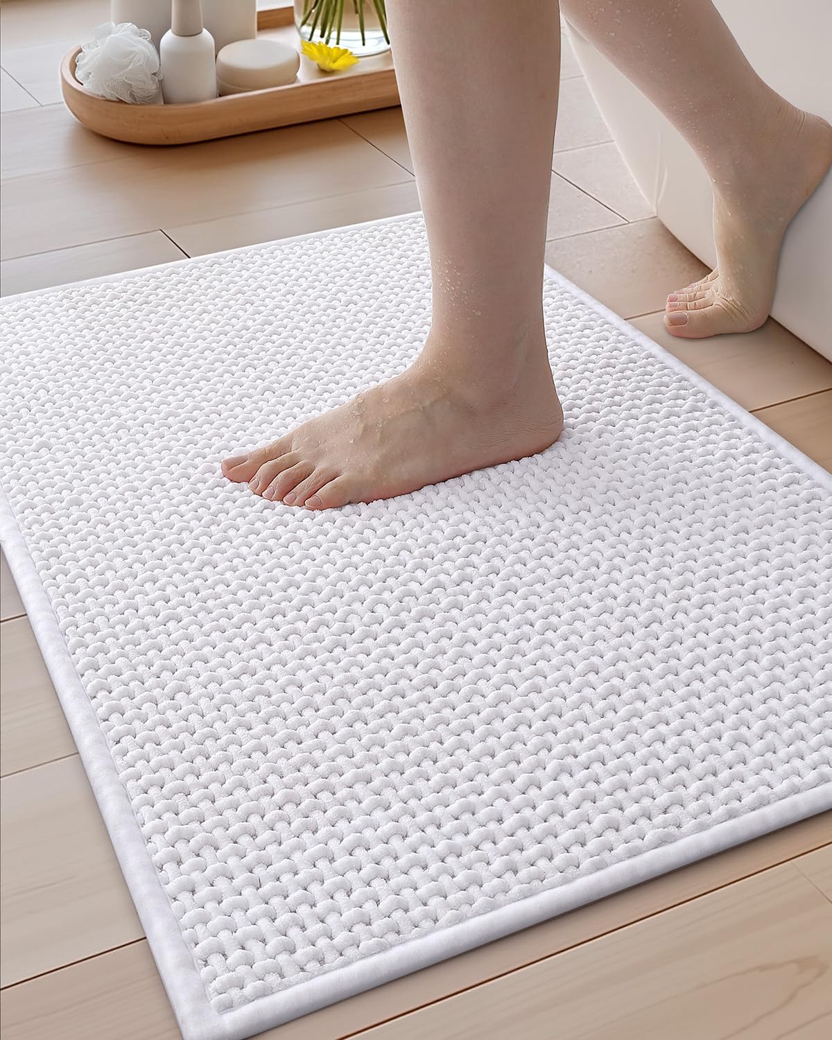 Color&Geometry Chenille Pile Large Bathroom Rugs Upgraded Denser, 24"x36" Non Slip Absorbent White Bath Mats for Bathroom Thin Fit Under Door, Washable Quick Dry