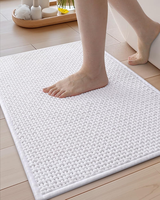 Color&Geometry Chenille Pile Bathroom Rugs Upgraded Denser, 17"x29.5" Non Slip Absorbent White Bath Mats for Bathroom Thin Fit Under Door, Washable Quick Dry, Standard Sized