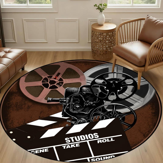 LGGLOVELIN Vintage Movie Camera Round Rug, 3ft Retro Film Reels Clapperboard Cinema Themed Circle Carpet, Soft Washable Flannel Non-Slip Mat for Home Theater Media Room Decor, Indoor Accent Rug