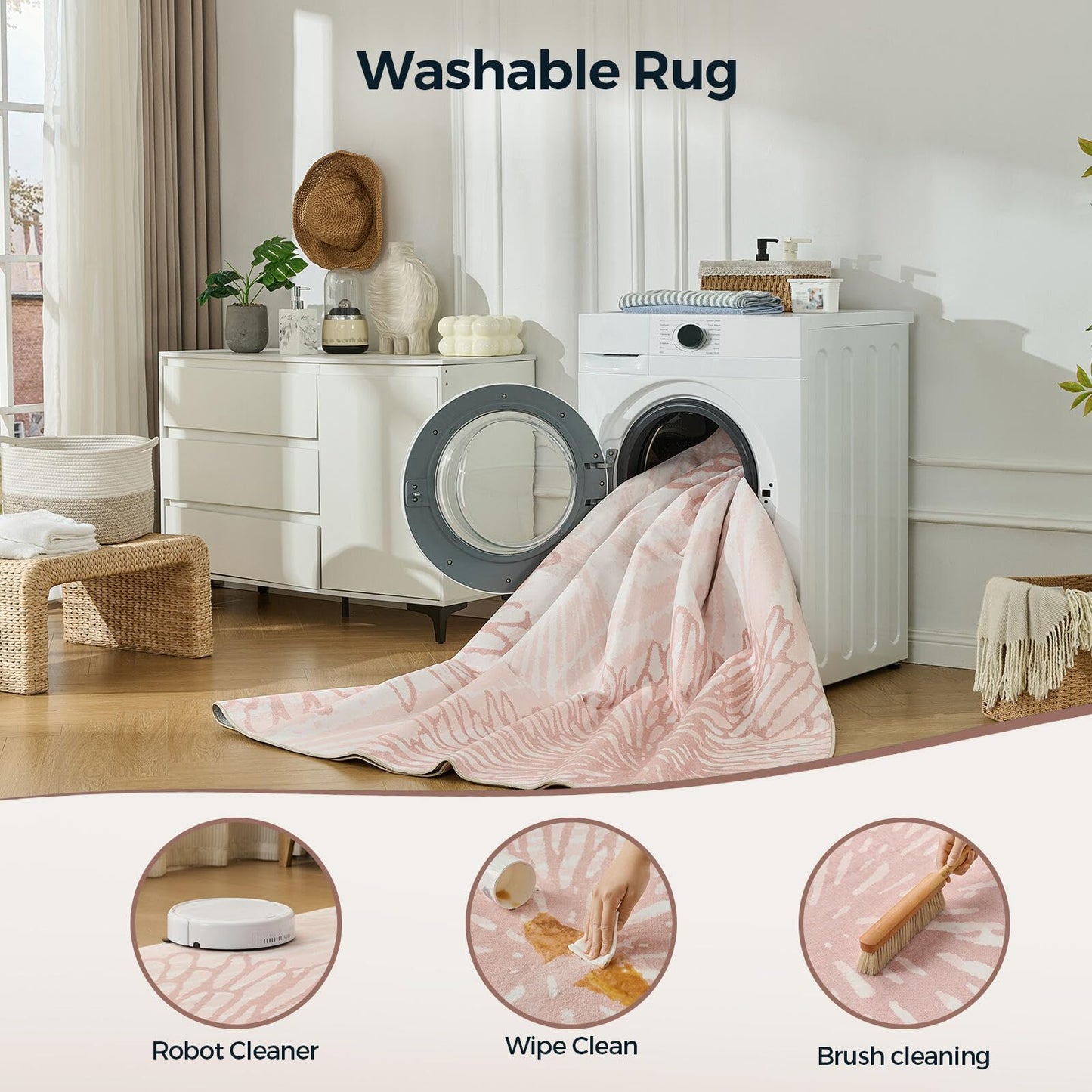 Pink Rugs for Bedroom Girls: 12x15 Modern Large Washable Soft Cute Boho Floral Pattern Area Rug Neutral Indoor Floor Non-Slip Carpet for Living Room Dining Nursery Kids Playroom Baby Room House Decor