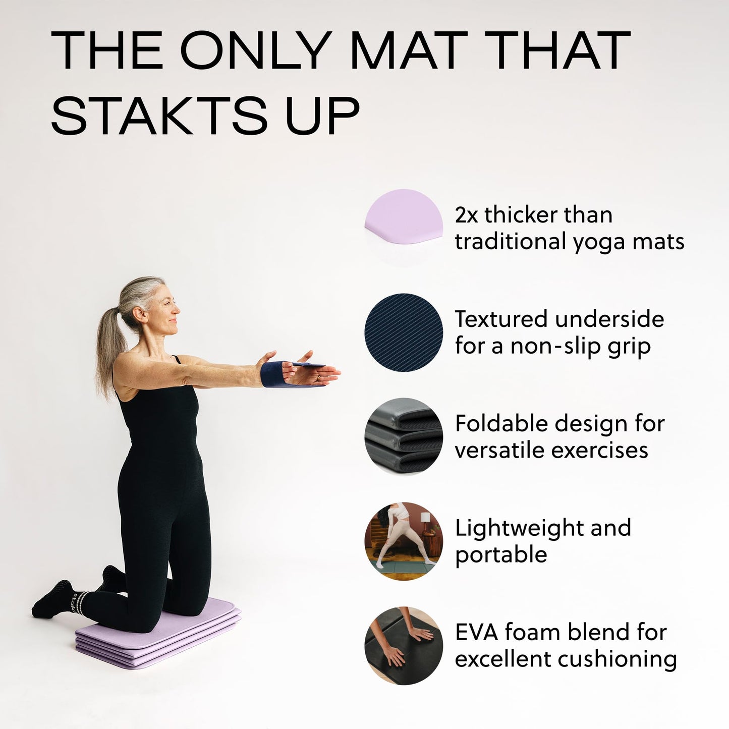 Stakt Foldable Yoga Mat Pro, 2 in 1 with Premium Textured Grip, Non Slip, Folding Exercise and Fitness Mat for Pilates, Strength Training, and High Impact Workouts - Lilac