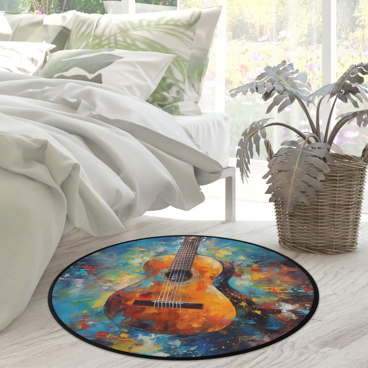 OMFUNS Music Guitar Round Area Rug Bedroom 3 Ft, Oil Painting Circle Floor Mat Non-Slip Washable Accent Throw Rugs Carpet for Living Room Kids Room Nursery Entryway Laundry