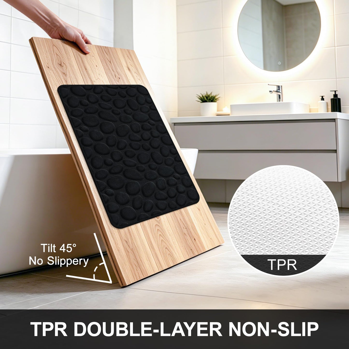 SharpWeaRug Memory Foam Bath Mat,16x24 Inch Non Slip Cobblestone Bath Mats,Manchine Washable Absorbent Bathroom Floor Mats,Ultra Soft and Quick Dry Bath Rugs for Bathroom Tub and Shower,Black