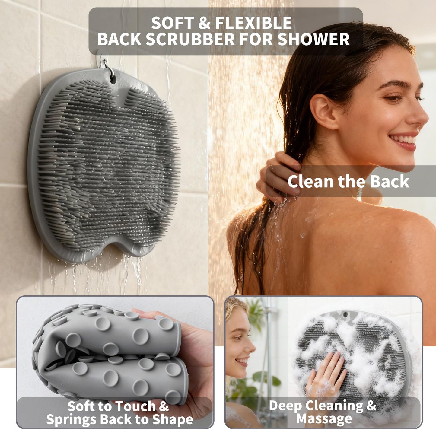 Merleu Shower Foot Scrubber Mat with 3 Types of Upgraded Brushes for Massage, Shower Back Scrubber with Micro Suction Cups,Back Washer,Shower Scrubber for Body at Home Spa (Gray)