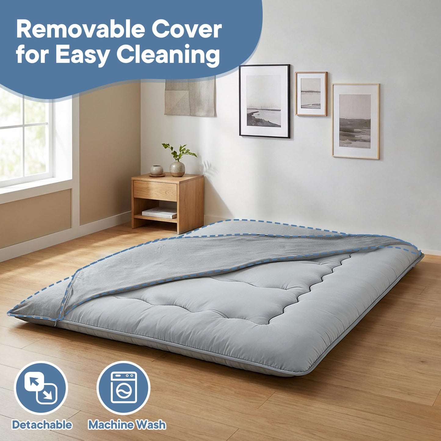DUMOS Japanese Floor Mattress Twin Size, Futon Mattress Foldable with Removable Washable Cover, Portable Roll Up Tatami Mat for Kids Room, Dorm, Sleepovers and Solo Sleeper, Gray