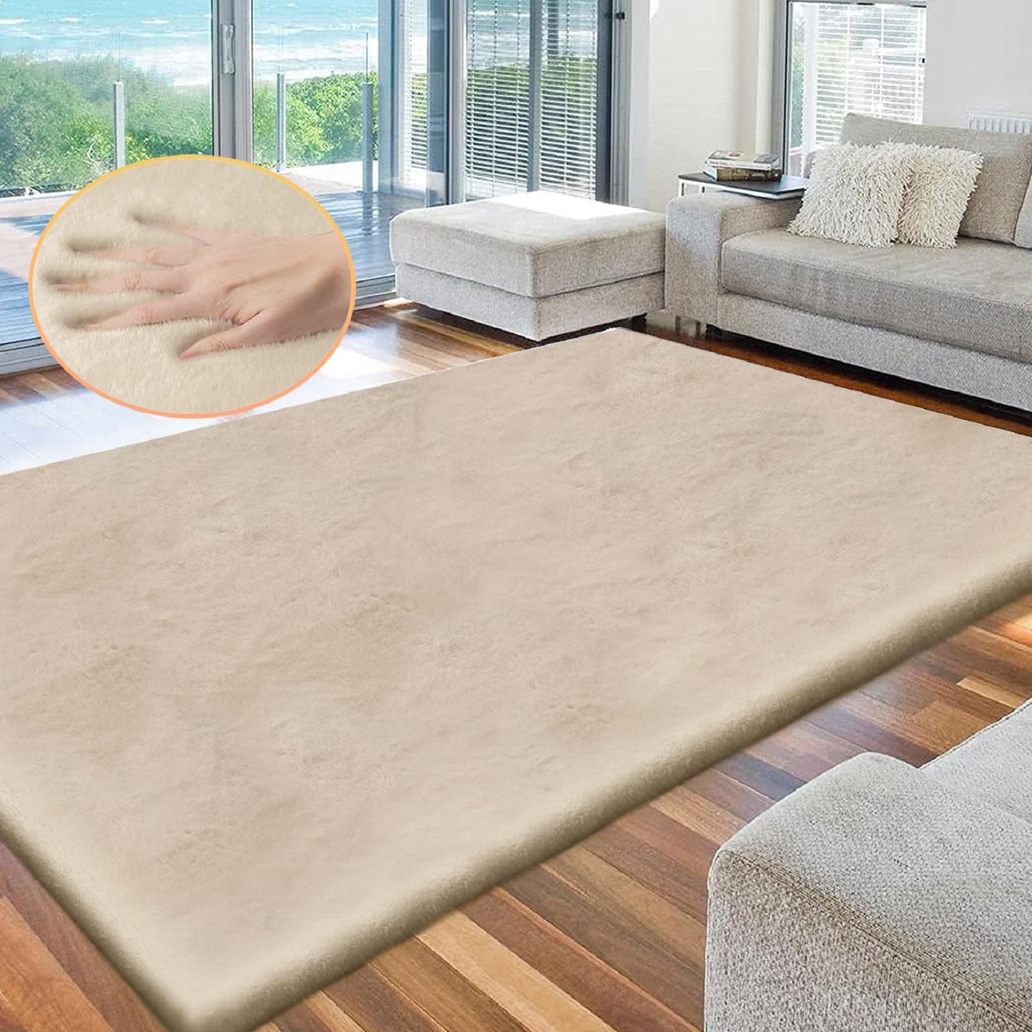 ORINOVA Washable Area Rug 6x9 Rugs for Living Room Camel Plush Faux Bunny Fluffy Fur Rugs for Bedroom Large Shag Nursery Rugs