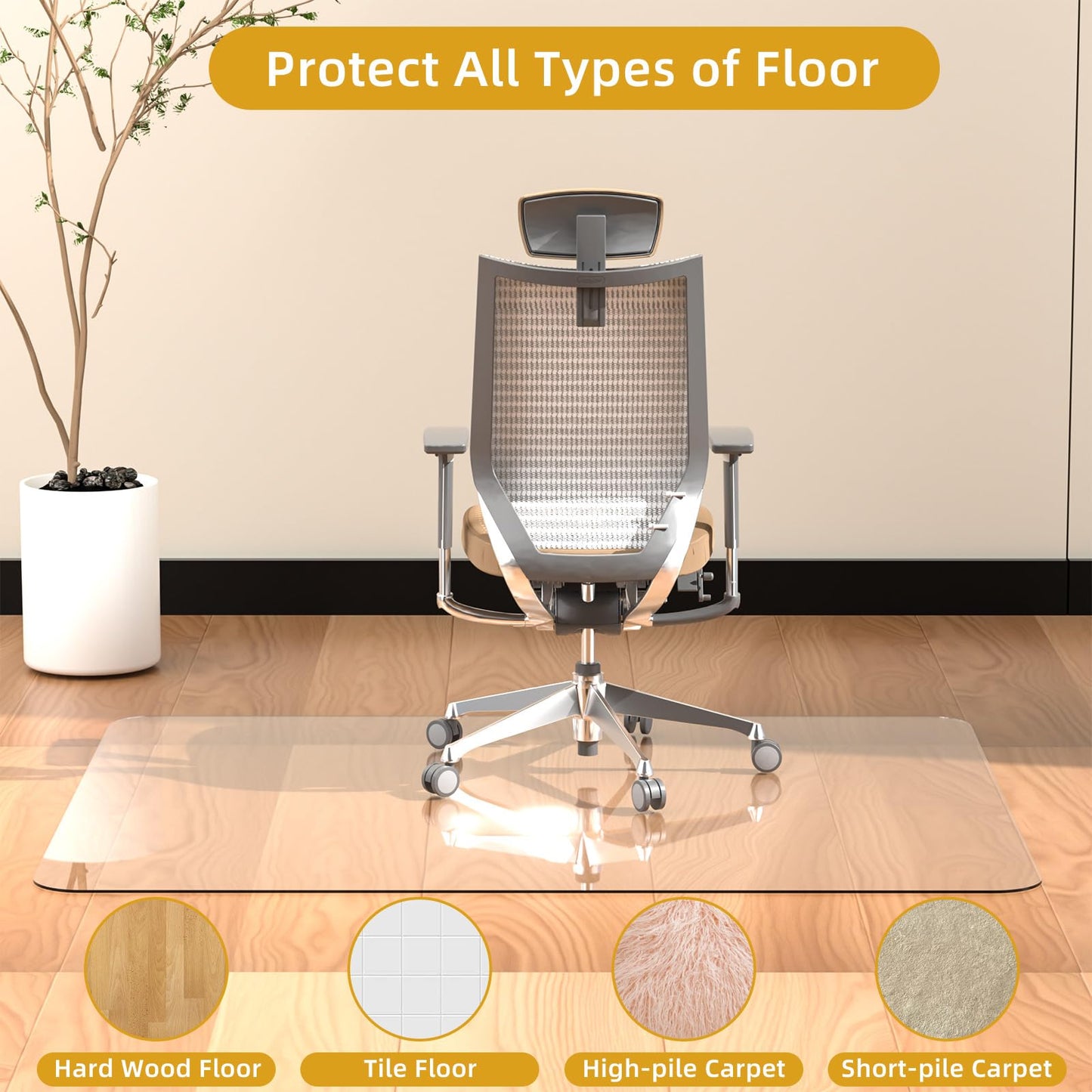 [Tempered Glass] Glass Office Chair Mat for Carpet Heavy 57" x 42"-1/5" Thick Premium Tempered Glass Duty Hard Glass Chair Mats -for Office Chair on Carpet or Hard Floor with 4 Anti-Slip Pads