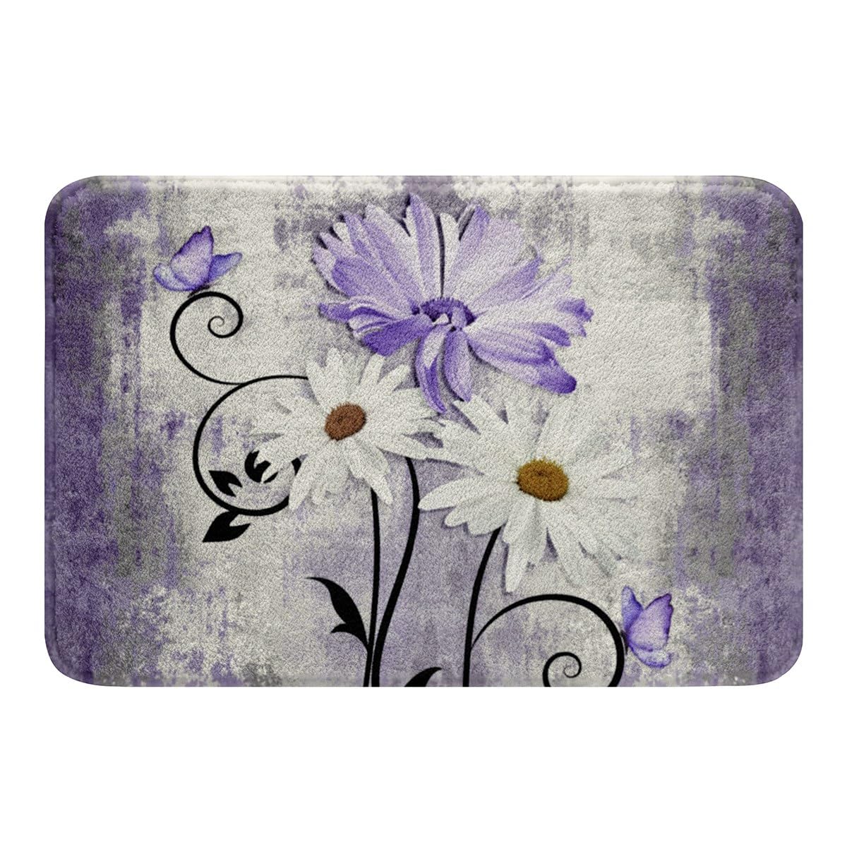 Erosebridal Ombre Purple Bath Mat Country Daisy Flowers Bathroom Rugs 16"X 24",Girls Women Farmhouse Wooden Butterfly Rustic Doormats,Watercolor Modern Oil Painting Floor Mats,Violet Grey