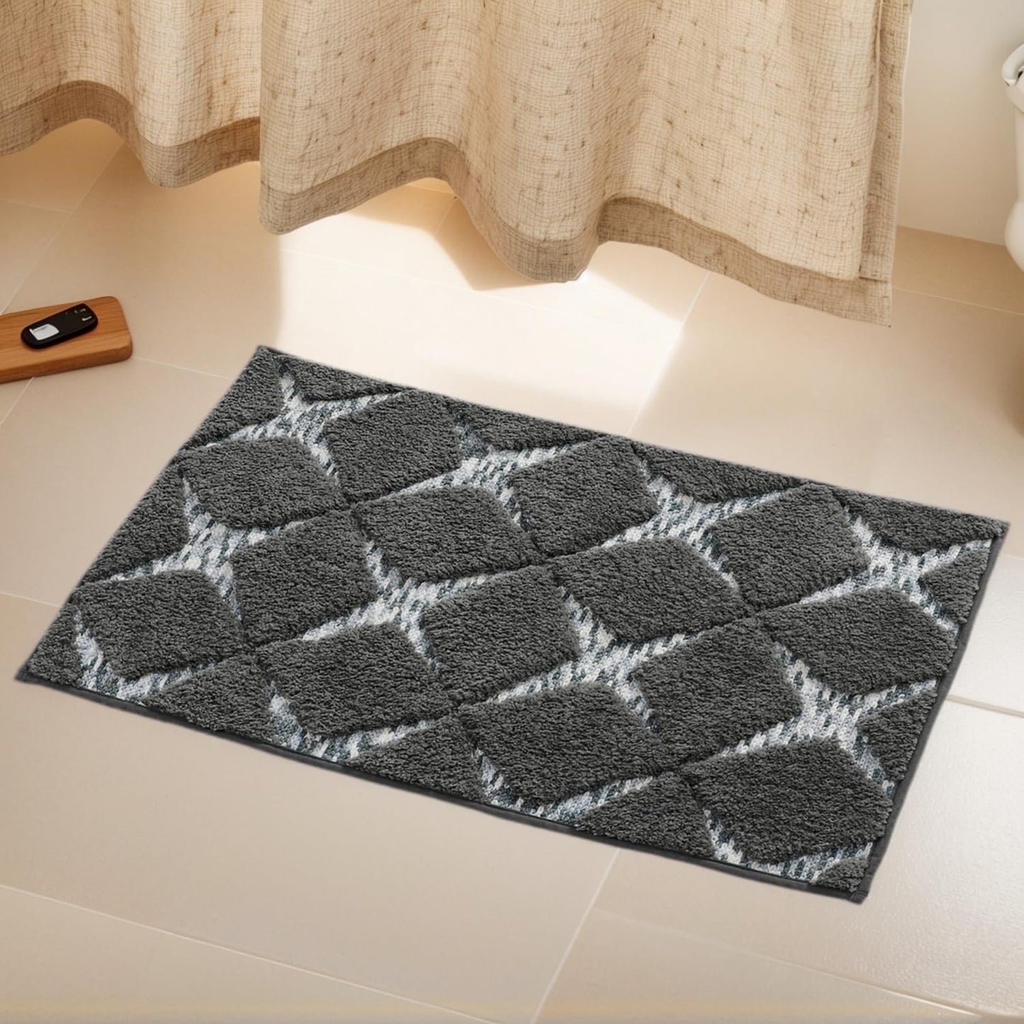 VivaNest 3D Luxury Rhombus Charcoal Grey Ombre Geometric Bathroom Mat, 20"x32" Extra Soft and Absorbent Microfiber Bath Rug, Non-Slip TPR Back, Plush Shaggy Bath Carpet for Floor