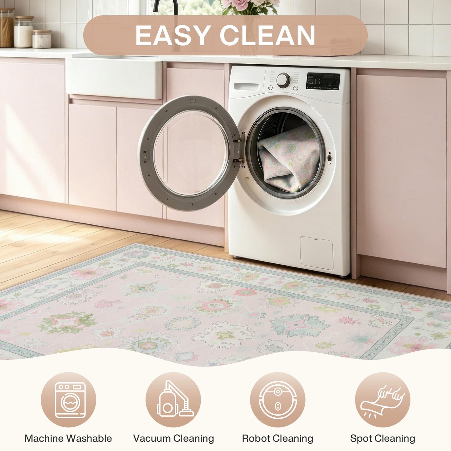 Tribesigns Boho Oushak 5x7 Washable Area Rug for Girls Bedroom, Soft Pastel Pink Nursery Rug Living Room, Oriental Floral Non-Slip Ultra Thin Indoor Carpet for Dorm Kids Playroom