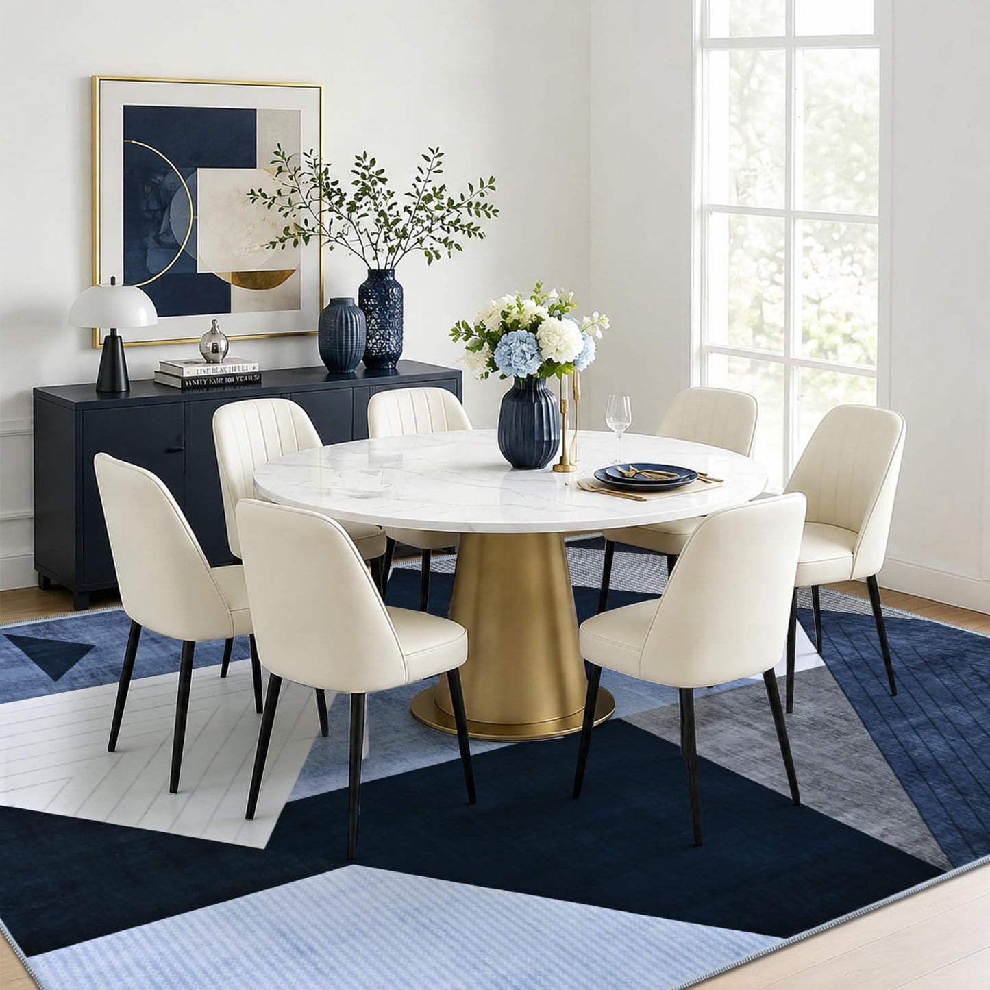 Yinhua Modern Geometric Area Rugs 9x12 Living Room Rug Low Pile Washable Rugs Non Slip, Large Area Rug for Bedroom Home Office, Soft Faux Wool Carpet No Shedding, Blue and Gray