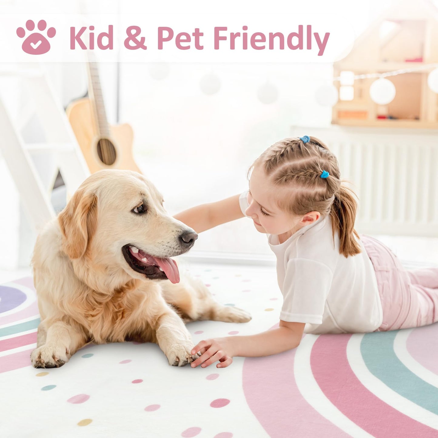 STARUIA 5x7 Washable Rainbow Rug for Girls Bedroom, Soft Polka Dot Pink Rug for Girls Room Nursery, Non-Slip Large Kids Carpet Area Rug for Playroom Classroom Kids Room Princess Castle