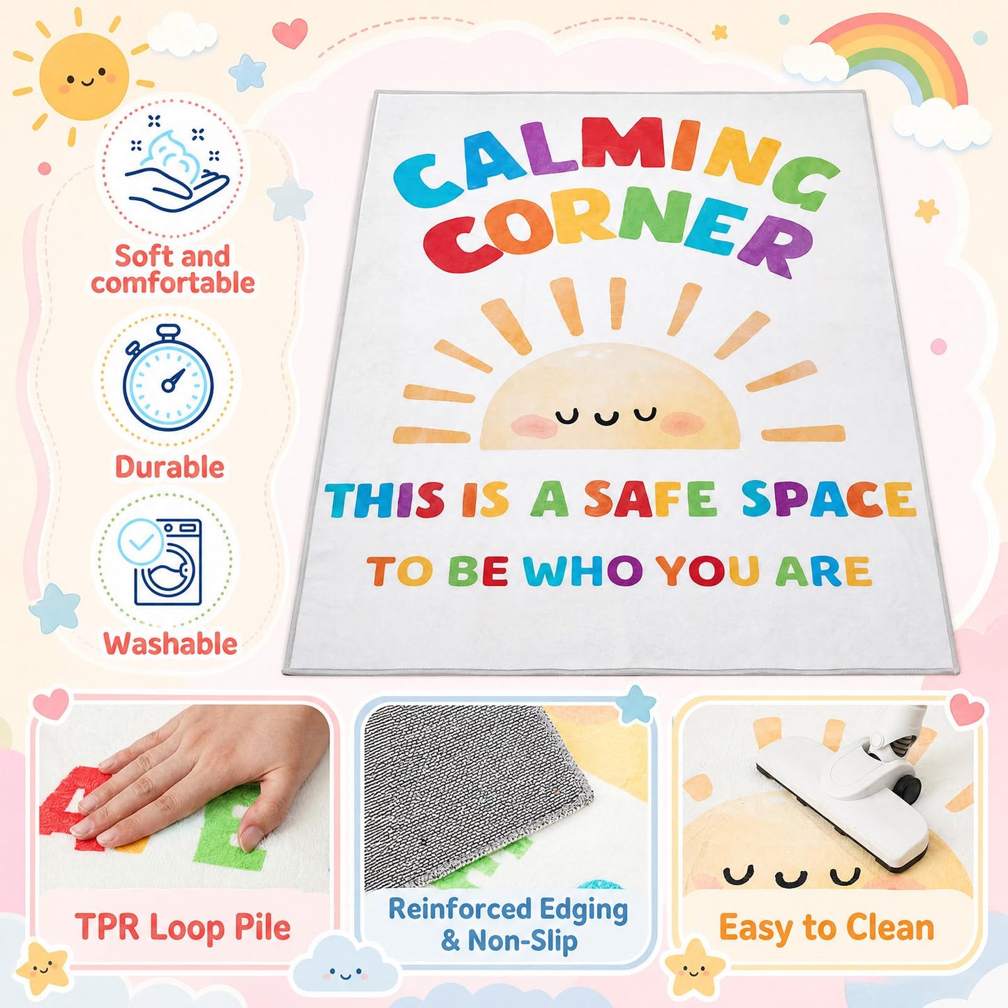 Maasechs 3 x 4 ft Calming Corner Classroom Rug, Sunshine Boho Area Carpet Corner Items Rug Educational Soft Floor Mat for Nursery Homeschool Playroom Elementary Back to School(Rainbow)
