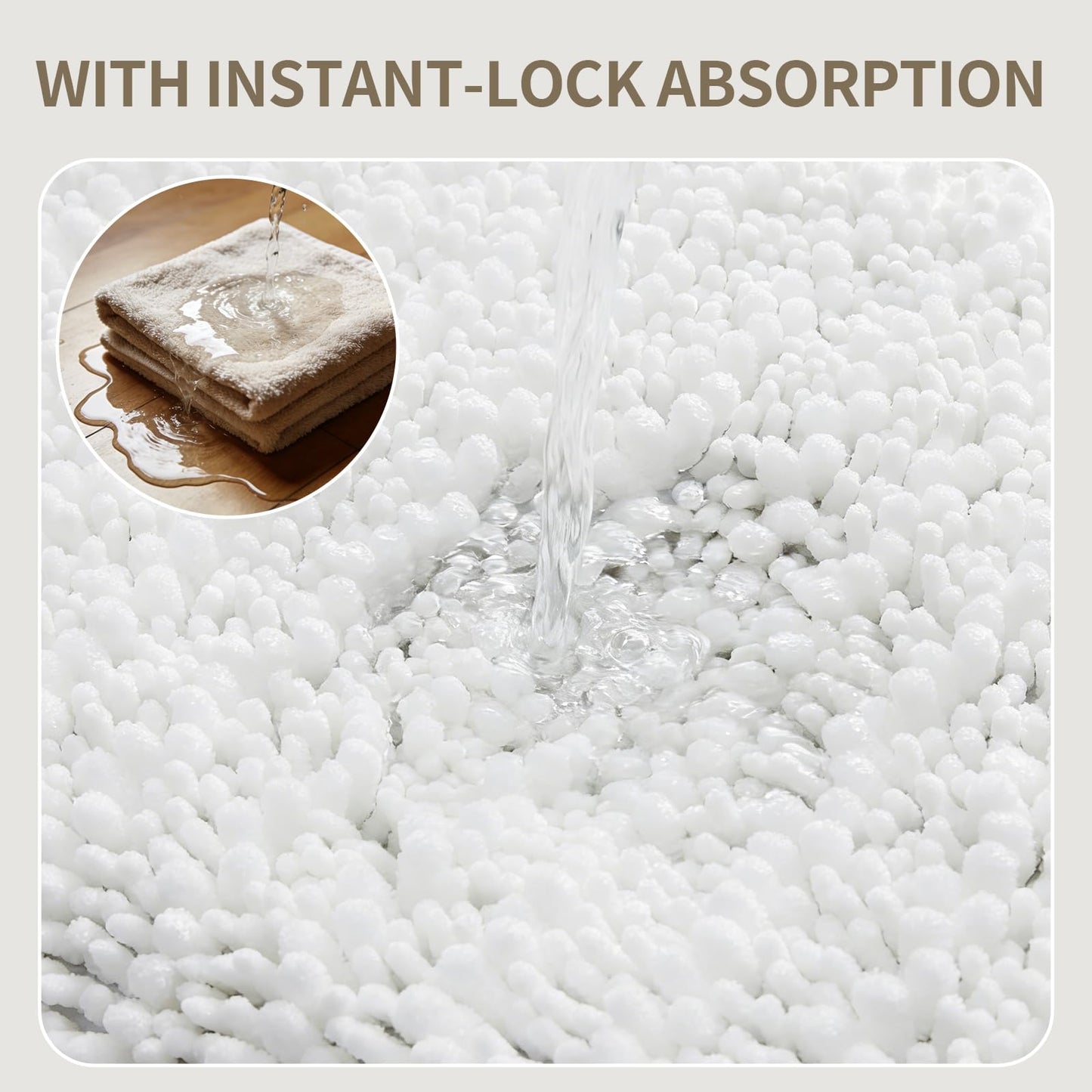 Ruggnovea Bathroom Rugs Non Slip Washable, Extra Thick Soft Chenille Absorbent Bath Mat, High Density Barrier Non Slip Backing, Quick Dry Plush Shaggy Floor Carpet for Tub&Shower 24x17, White