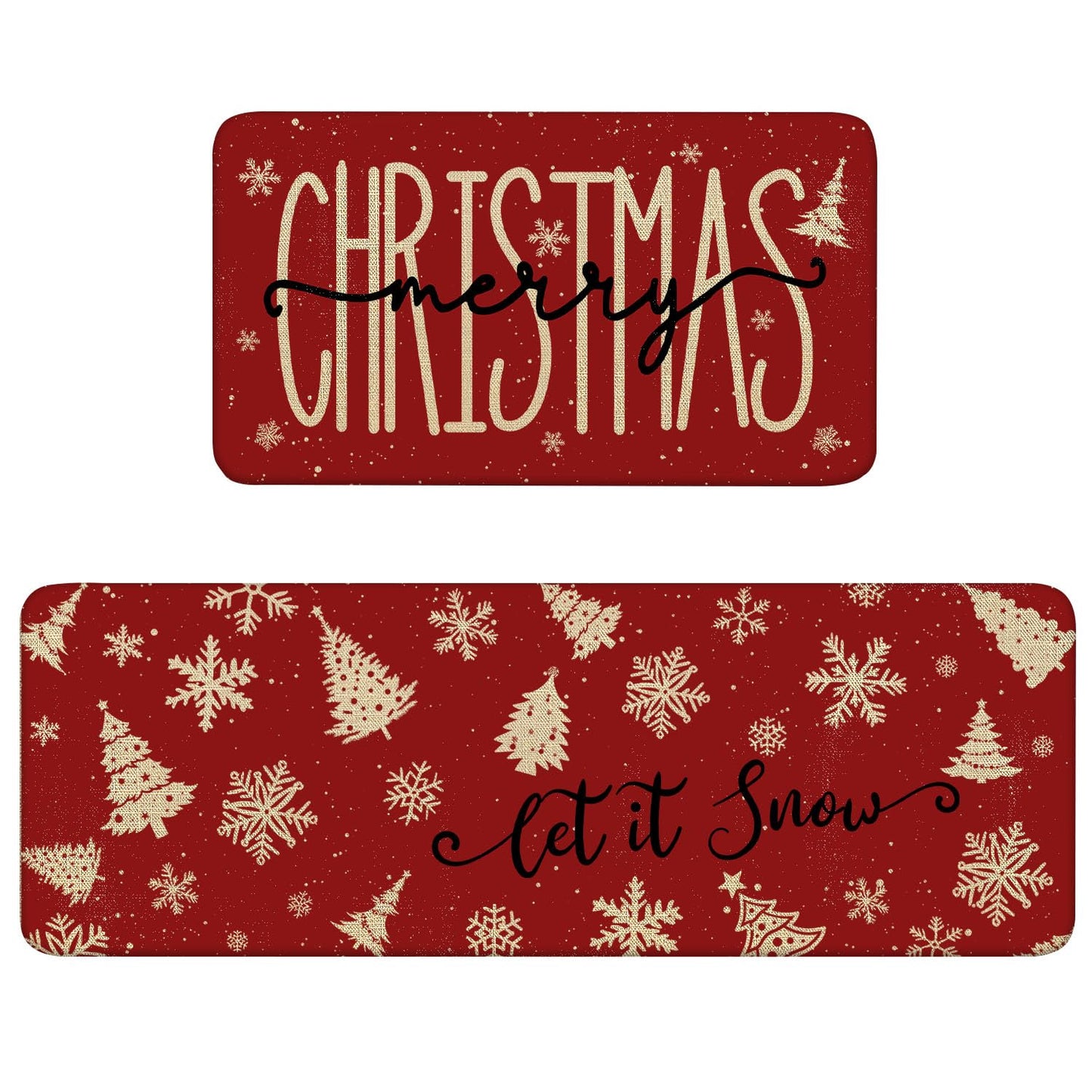Red Christmas Kitchen Mats Set of 2, Linen Xmas Kitchen Rugs, Merry Christmas & Let It Snow Design, Non-Slip Floor Mats for Kitchen, Entryway Christmas Decor 17x30+17x47 Inch