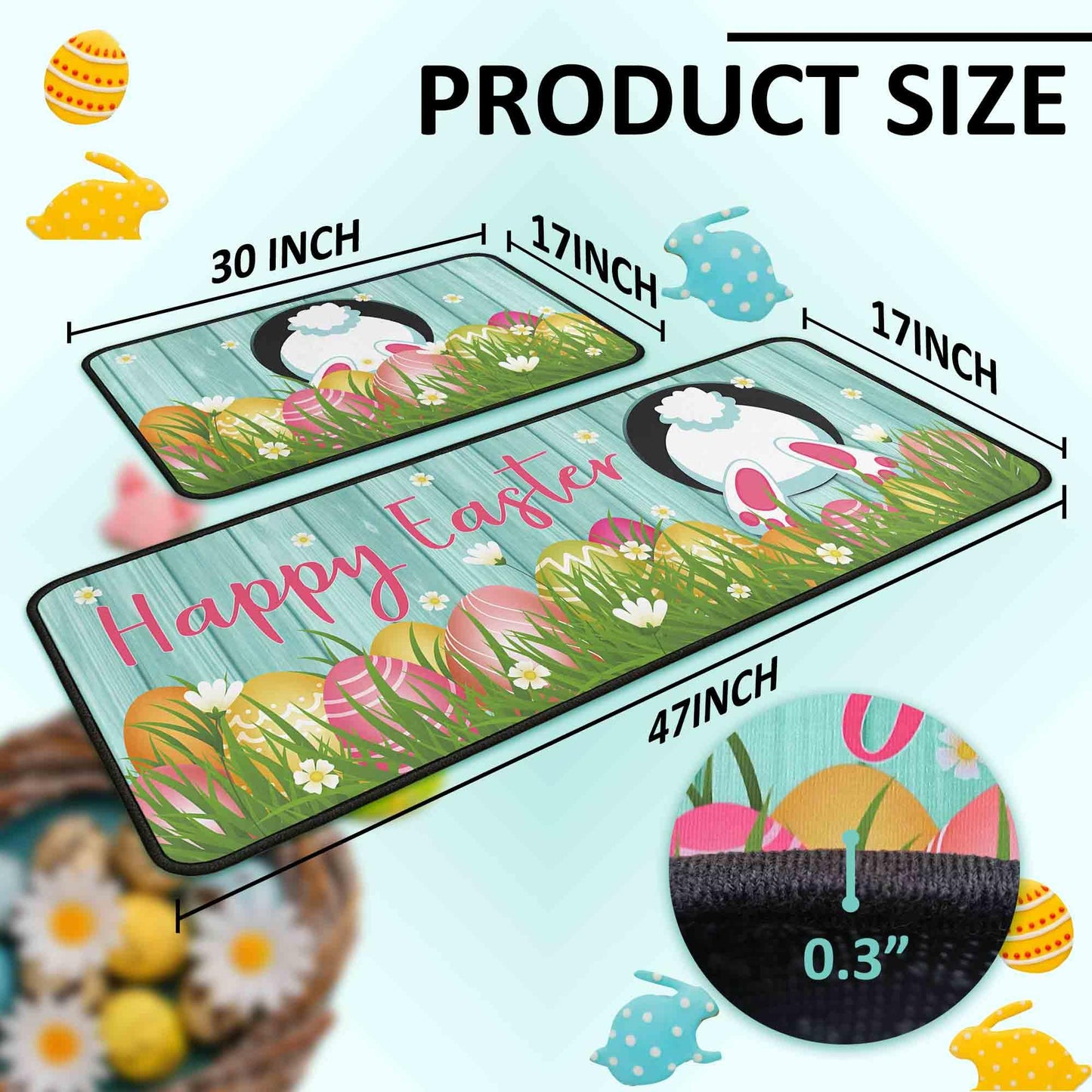 Putware Easter Kitchen Rugs and Mats Set of 2, Easter Decorations for Home Non Slip Backing Happy Easter Kitchen Rug Seasonal Low-Profile Kitchen Floor Mat Easter Decor 17"X47"+17"X30"