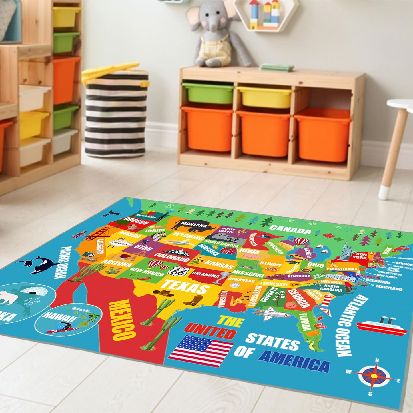 Kids Play Rug, USA United States Map Rugs Educational Play Mat Carpet Children Play Area Rug for Kids, Toddlers, Nursery, Classroom, Playroom, Baby Daycare