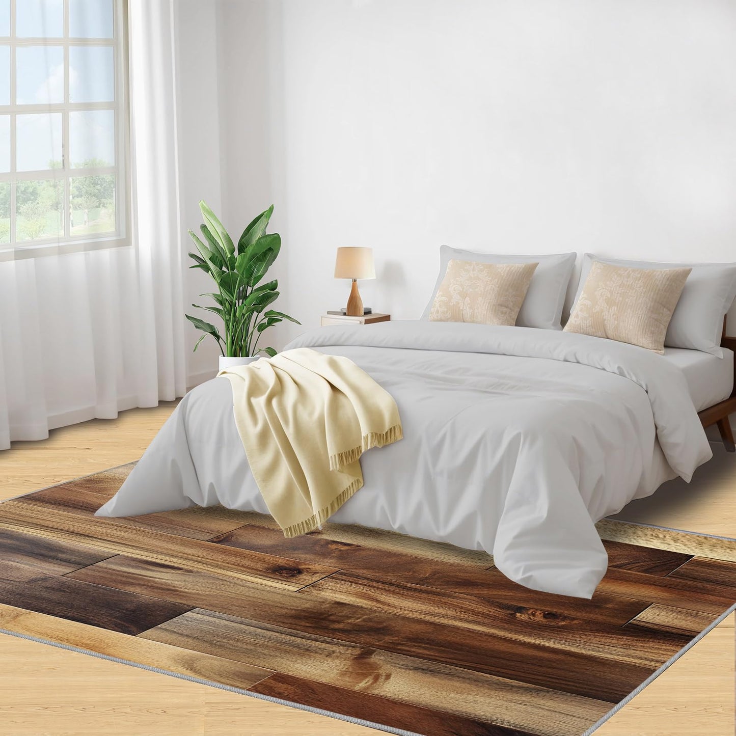 KOMEJIE Wood Plank Print Rug - Natural Grain Rugs for Bedroom, Rustic Wood Area Rug, Rugs for Living Room, Non Slip & Low-Pile, Washable Indoor Earth Tone Design Carpet & Home Decor