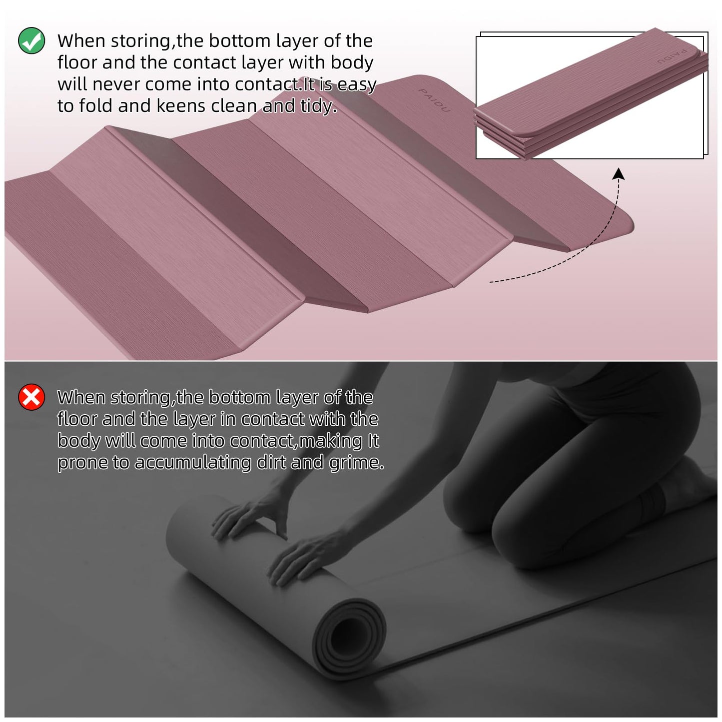 PAIDU Foldable Yoga Mat thick- 2/5" (10MM) TPE Non-Slip Design, Quick Fold，Easy Storage, 75x40 Extra Long/Wide for Indoor Yoga, Pilates and Outdoor Travel Workouts (Deep Pink)